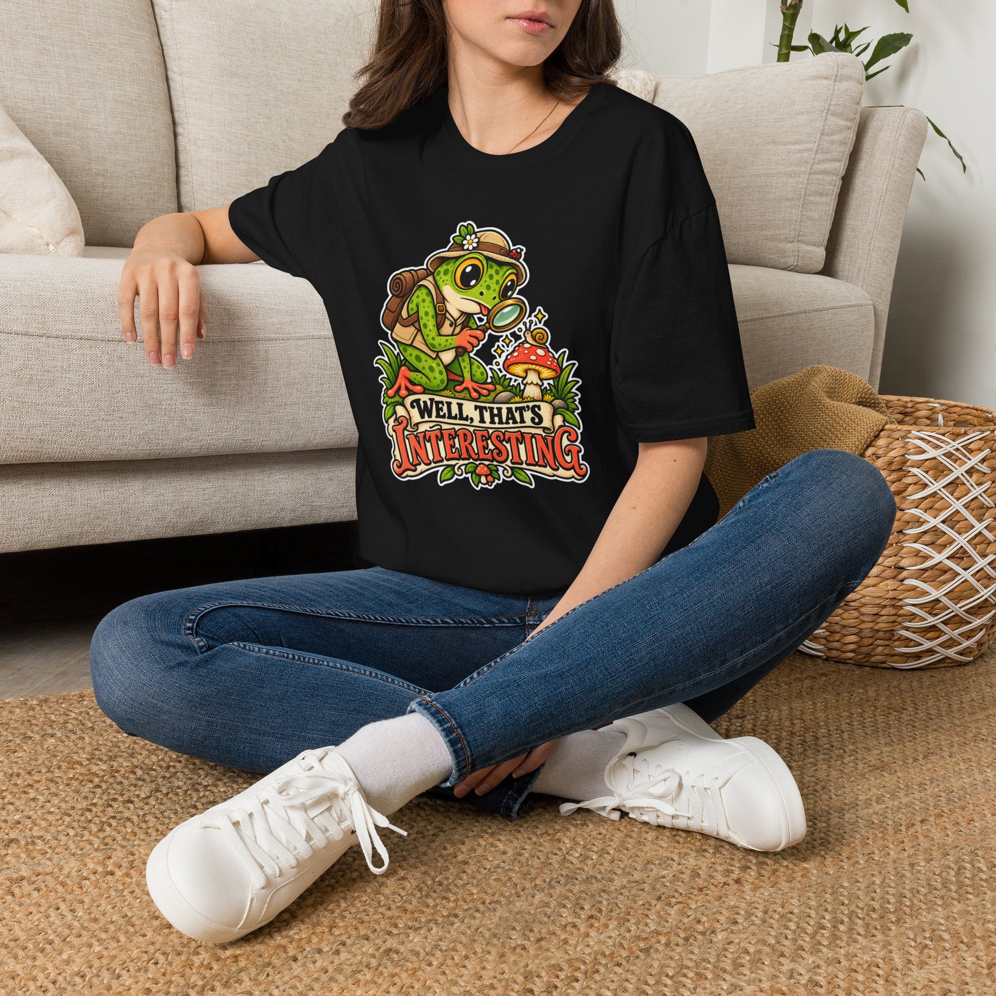 Curious Frog Explorer Magnifying Glass T-Shirt | Mushroom Nature Illustration