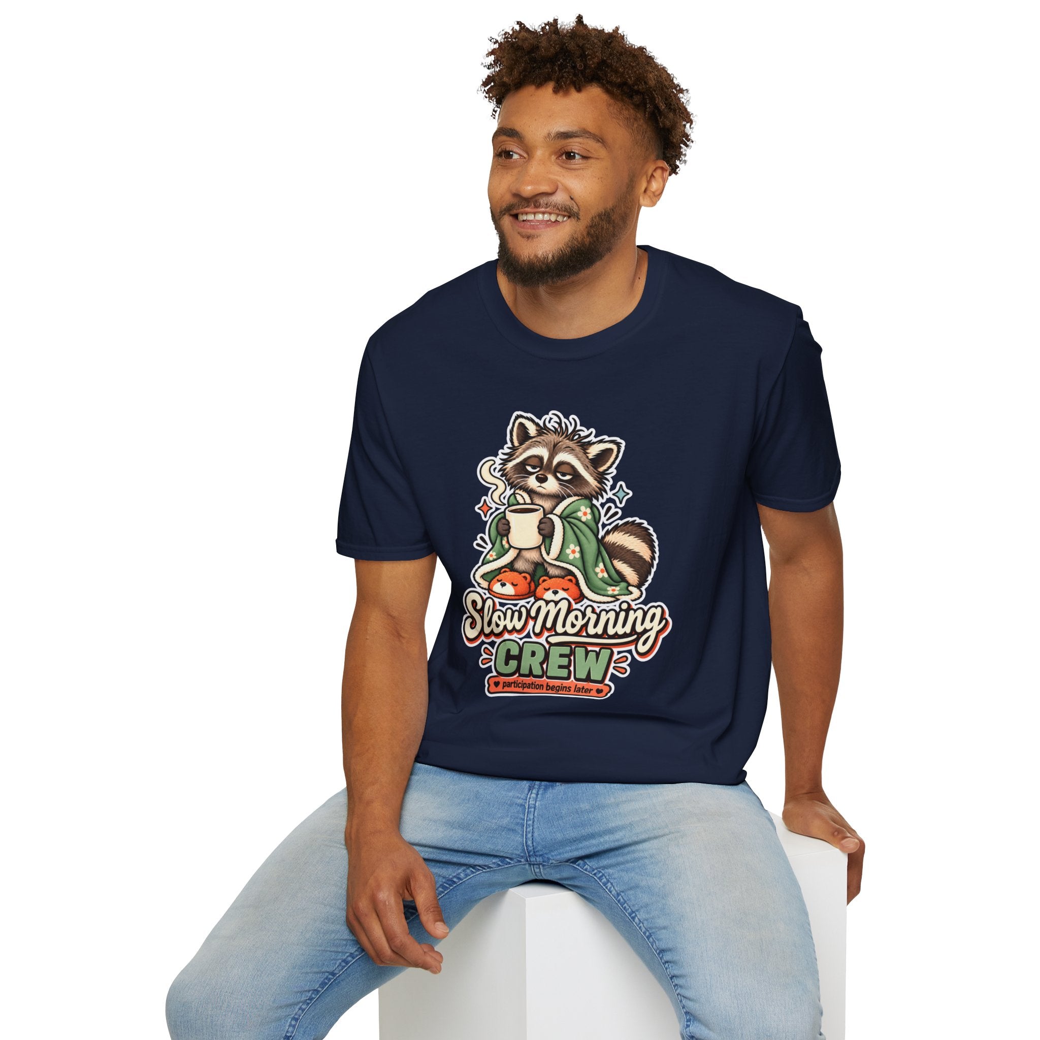 Cozy Raccoon with Coffee T-Shirt | Slow Morning Crew Design