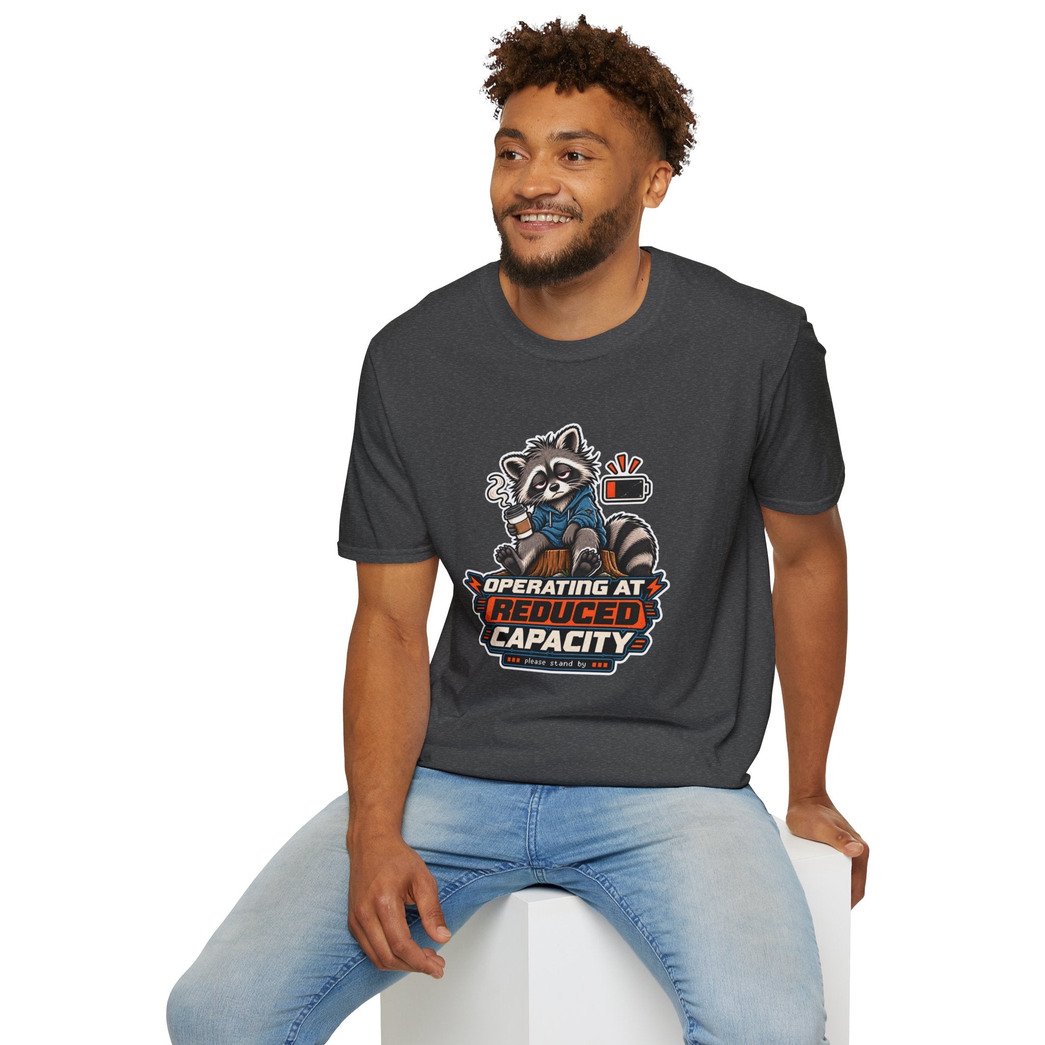 Funny Raccoon T-Shirt| Operating at Reduced Capacity| Low Battery Coffee Shirt