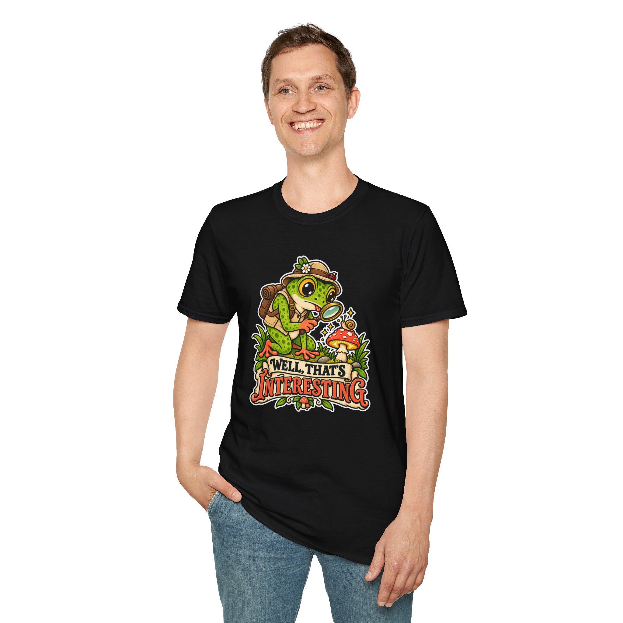 Curious Frog Explorer Magnifying Glass T-Shirt | Mushroom Nature Illustration