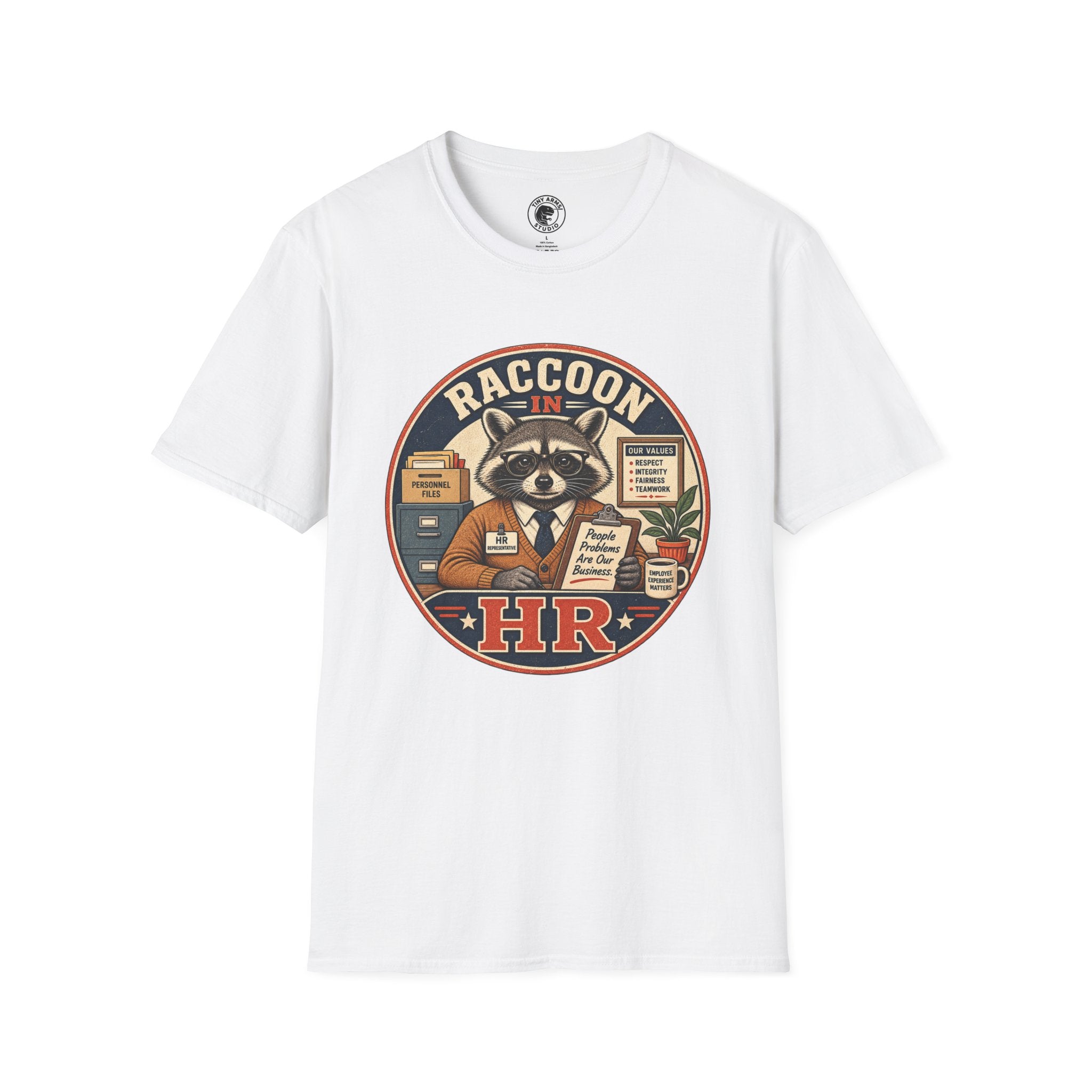 Raccoon in HR T-Shirt | Office Humor, Retro Animal Illustration