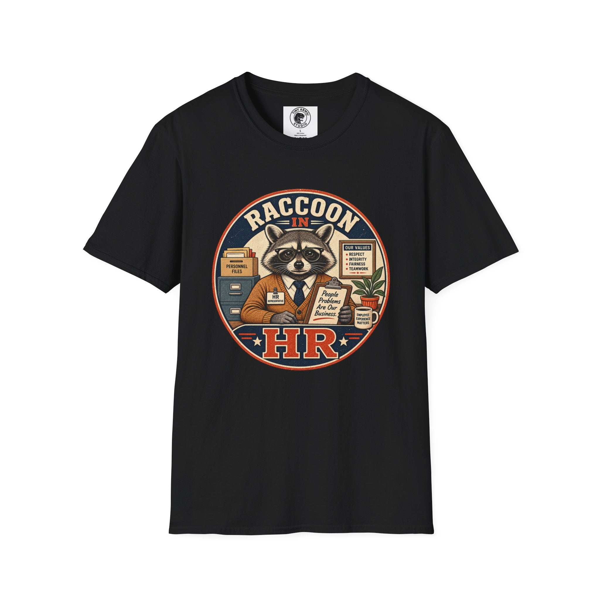 Raccoon in HR T-Shirt | Office Humor, Retro Animal Illustration