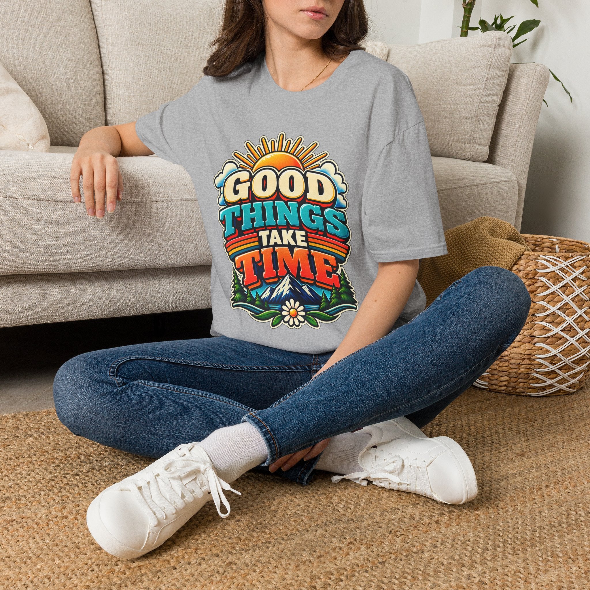 Good Things Take Time T-Shirt | Retro Sunrise Typography