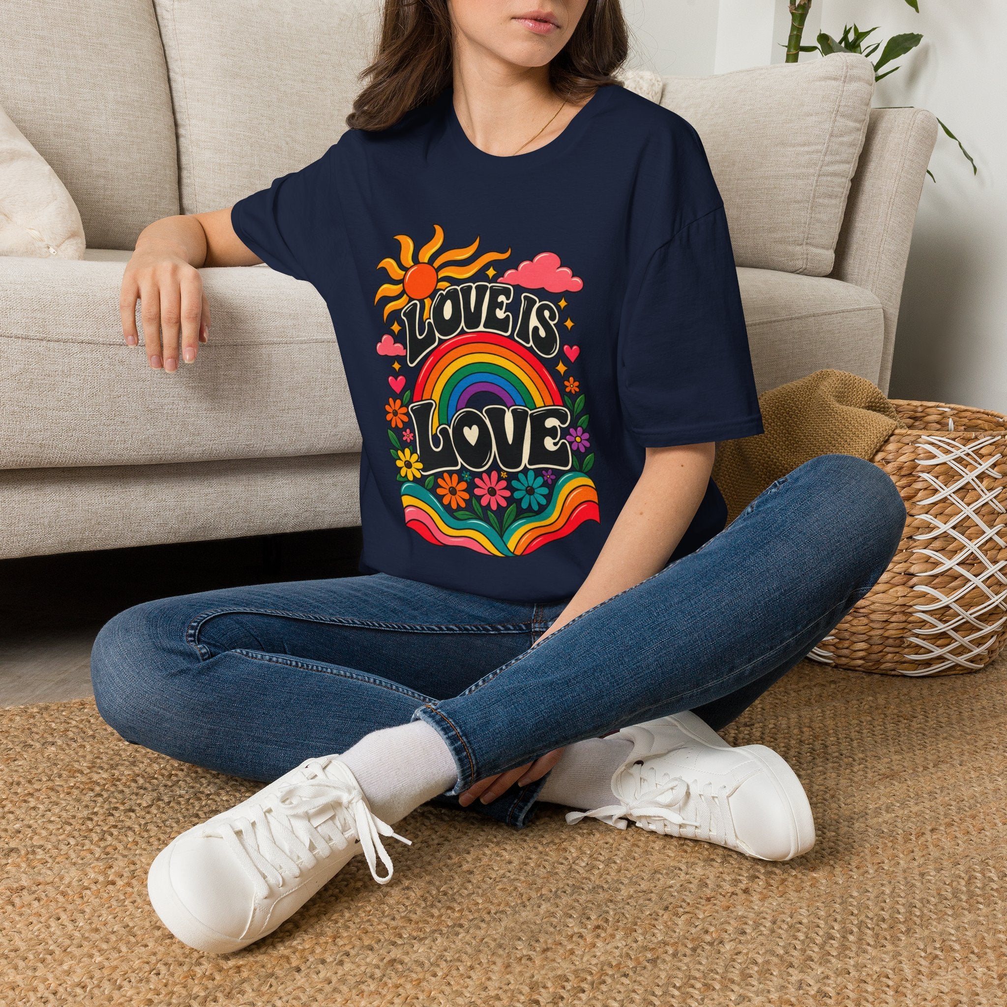 Love Is Love rainbow retro print T-Shirt | Pride, 70s sun design