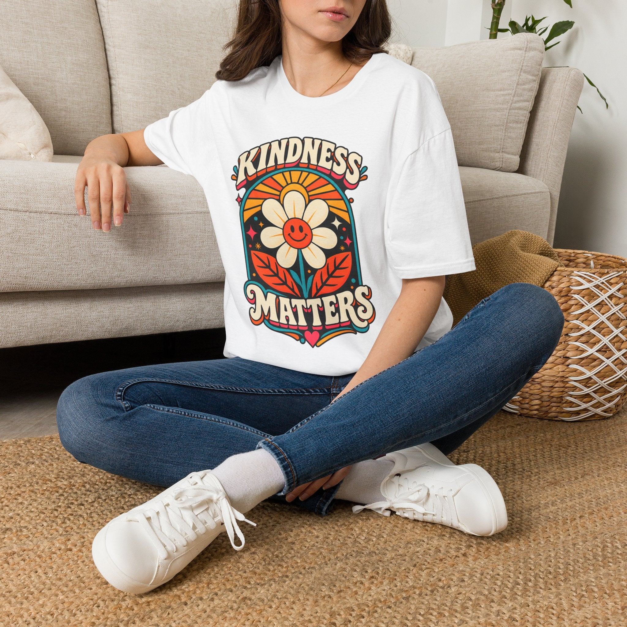 Kindness Matters Flower Smile T-Shirt | Retro Daisy Peace Vibes