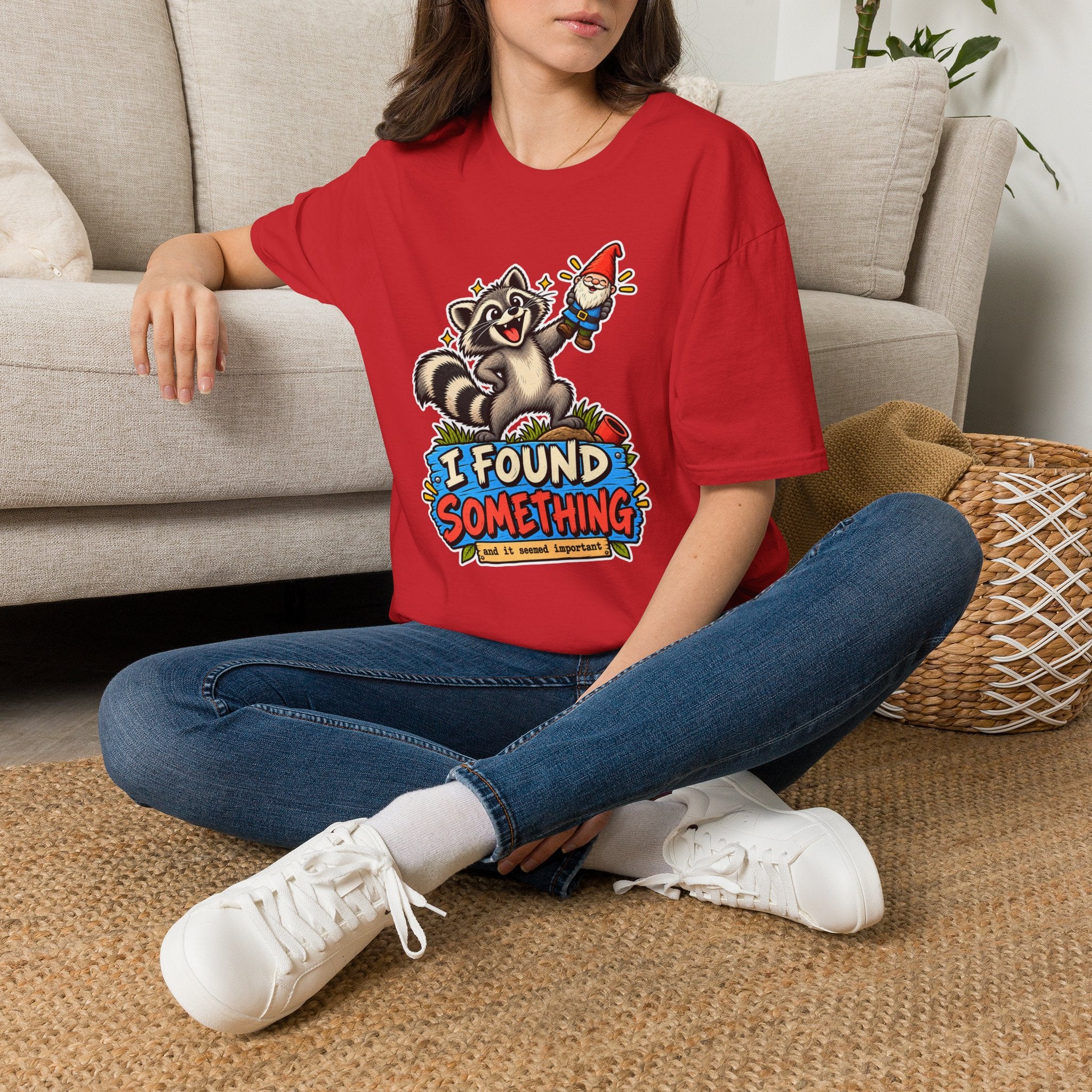 Playful Raccoon Holding Garden Gnome T-Shirt | I Found Something Graphic Tee