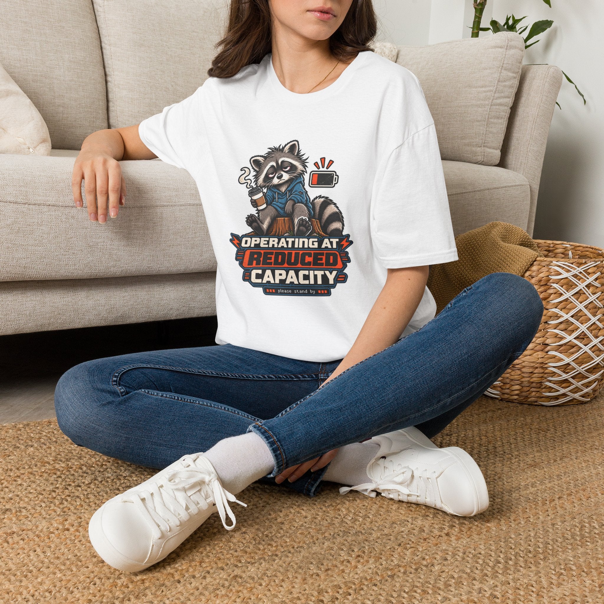 Funny Raccoon T-Shirt| Operating at Reduced Capacity| Low Battery Coffee Shirt