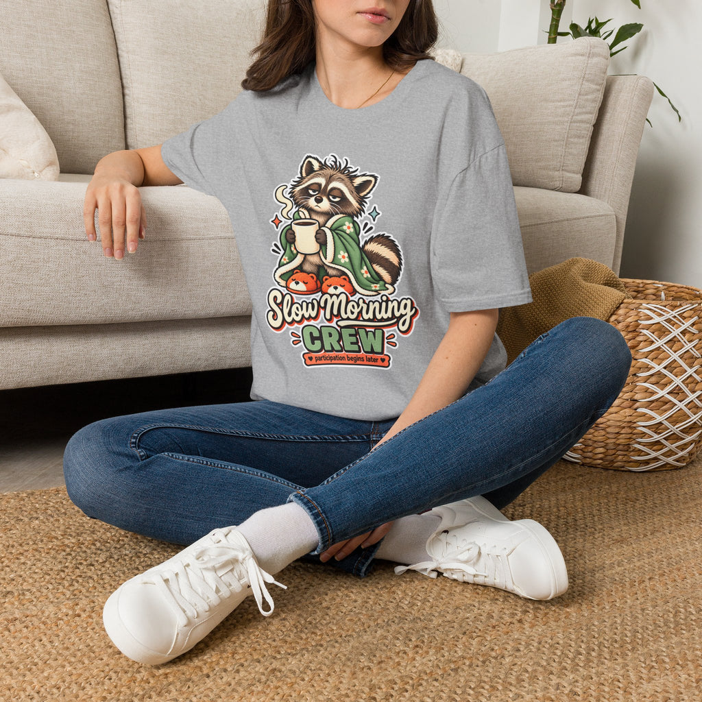 Cozy Raccoon with Coffee T-Shirt | Slow Morning Crew Design