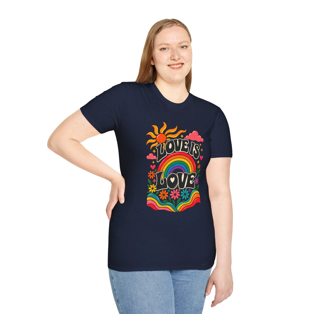 Love Is Love rainbow retro print T-Shirt | Pride, 70s sun design
