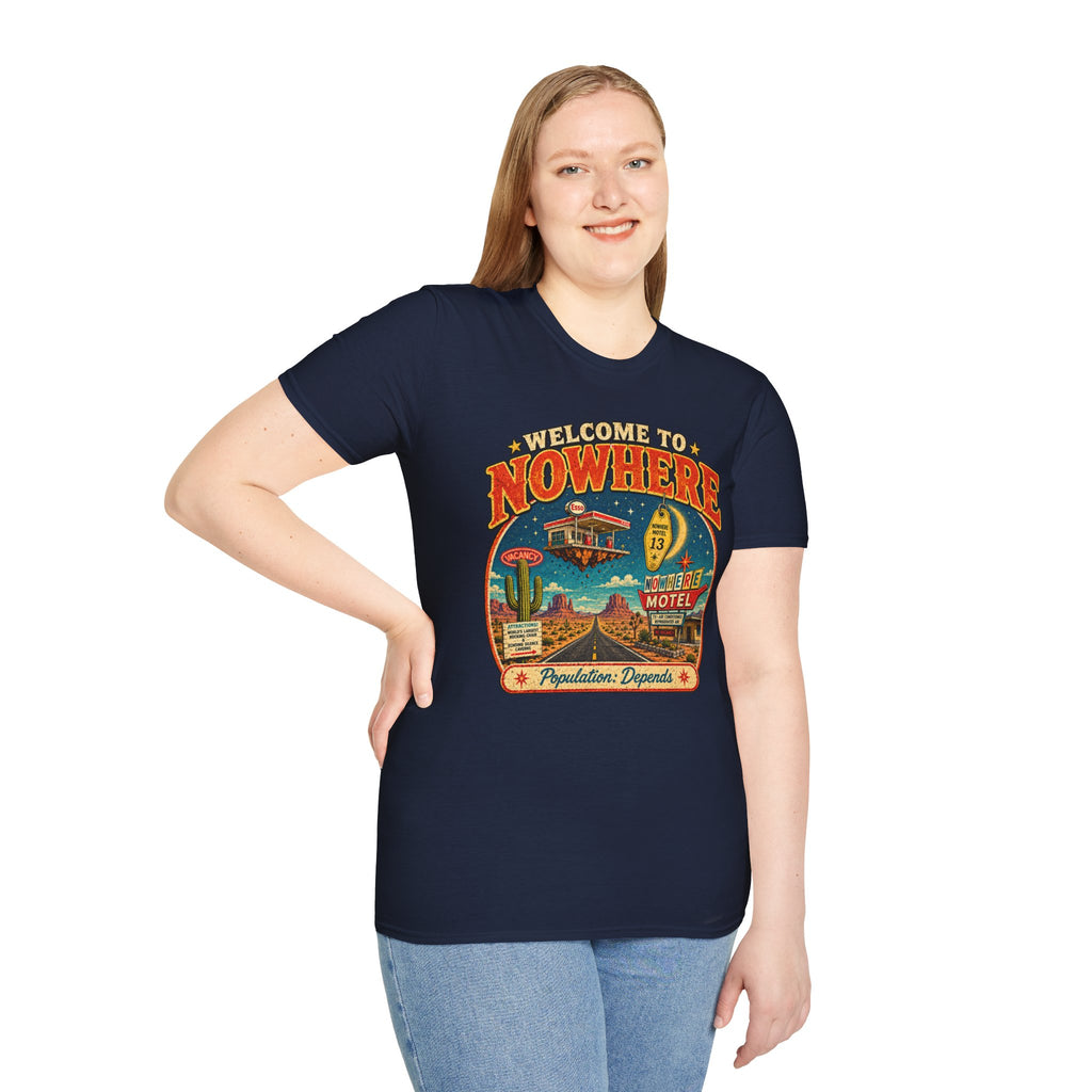 Welcome to Nowhere T-Shirt | Retro Desert Motel Road Trip Design