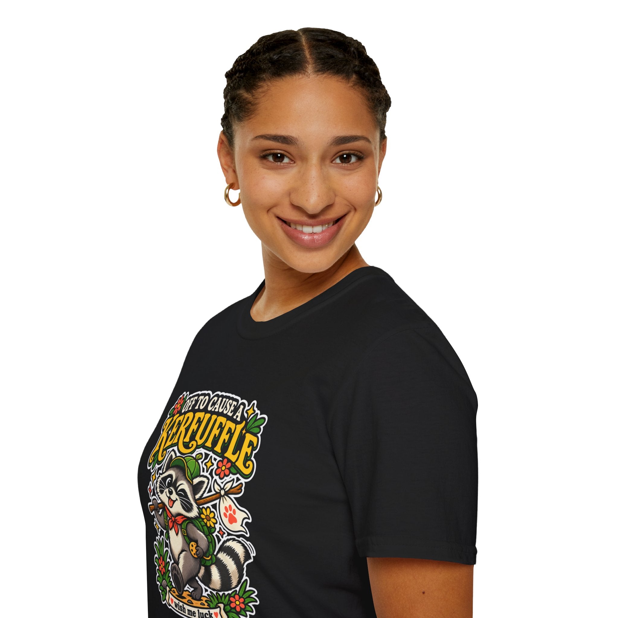 Off To Cause A Kerfuffle Raccoon T-Shirt | Cute Mischief Woodland Design