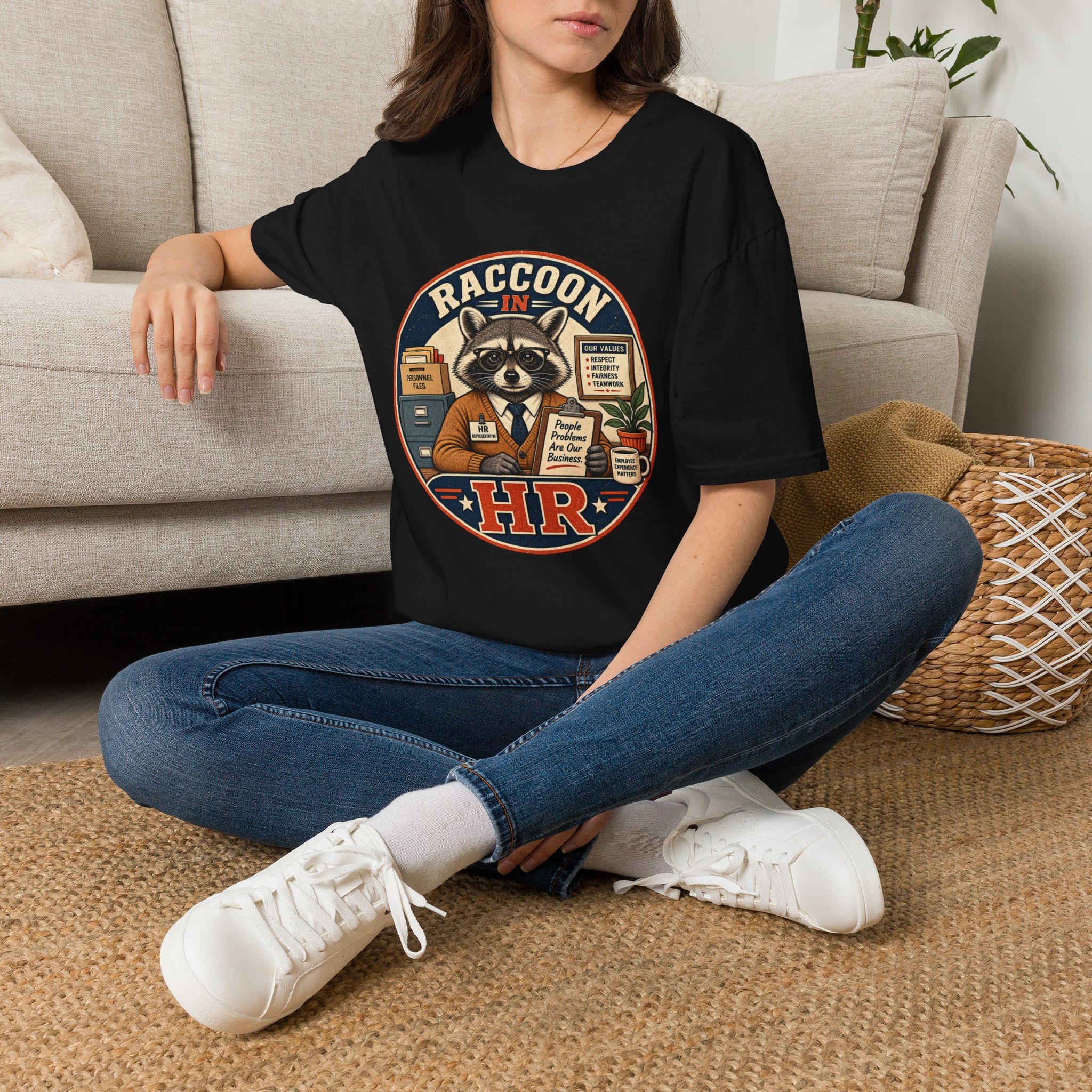 Raccoon in HR T-Shirt | Office Humor, Retro Animal Illustration