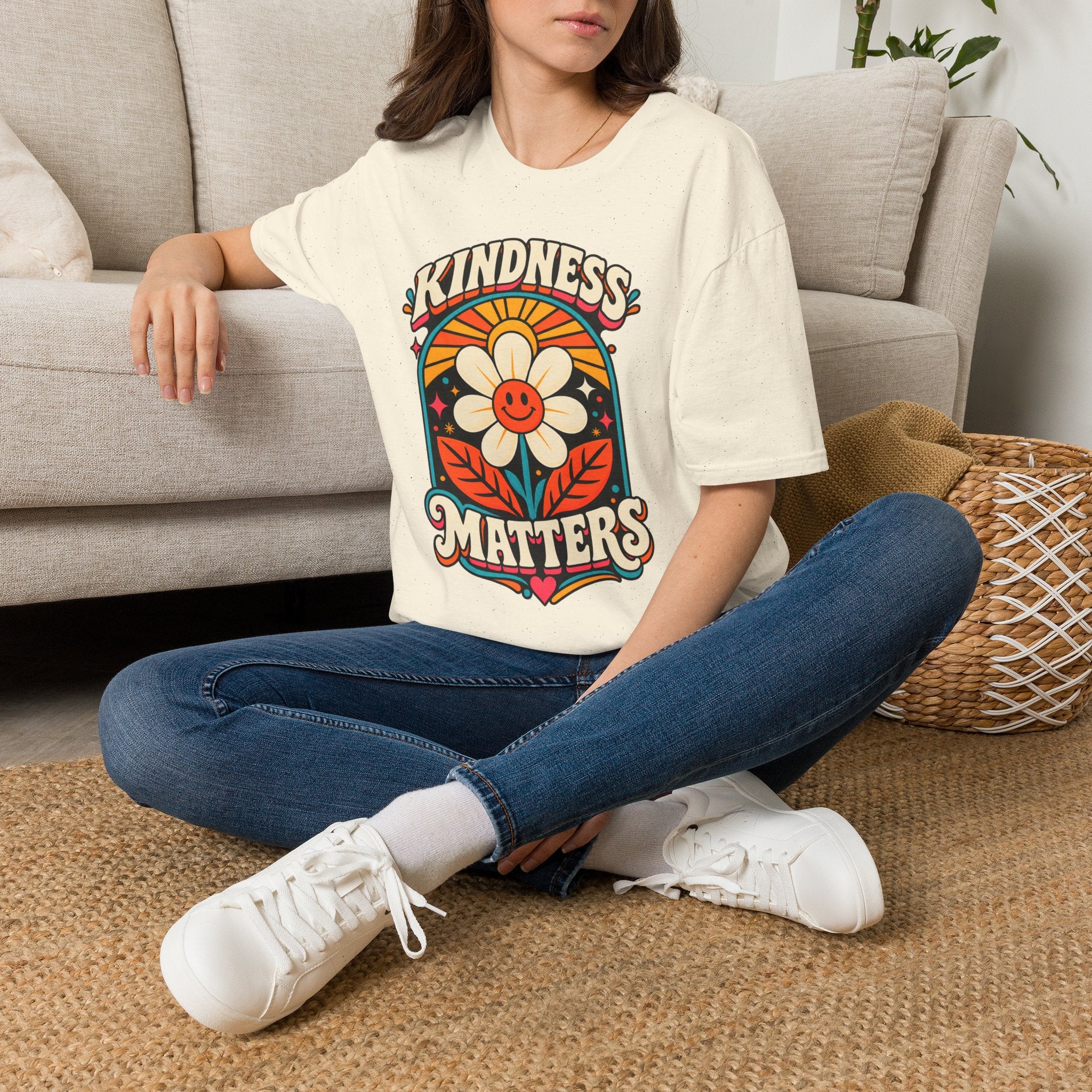Kindness Matters Flower Smile T-Shirt | Retro Daisy Peace Vibes