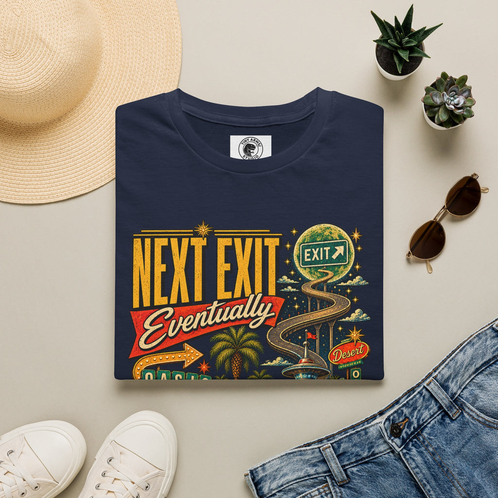 Next Exit Eventually Roadtrip Graphic T-Shirt | Retro Highway Illustration