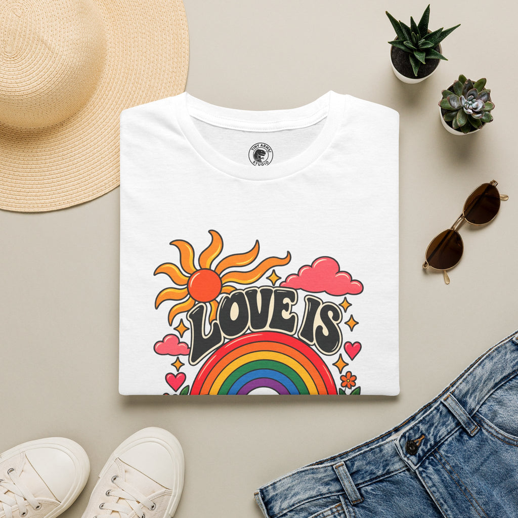 Love Is Love rainbow retro print T-Shirt | Pride, 70s sun design