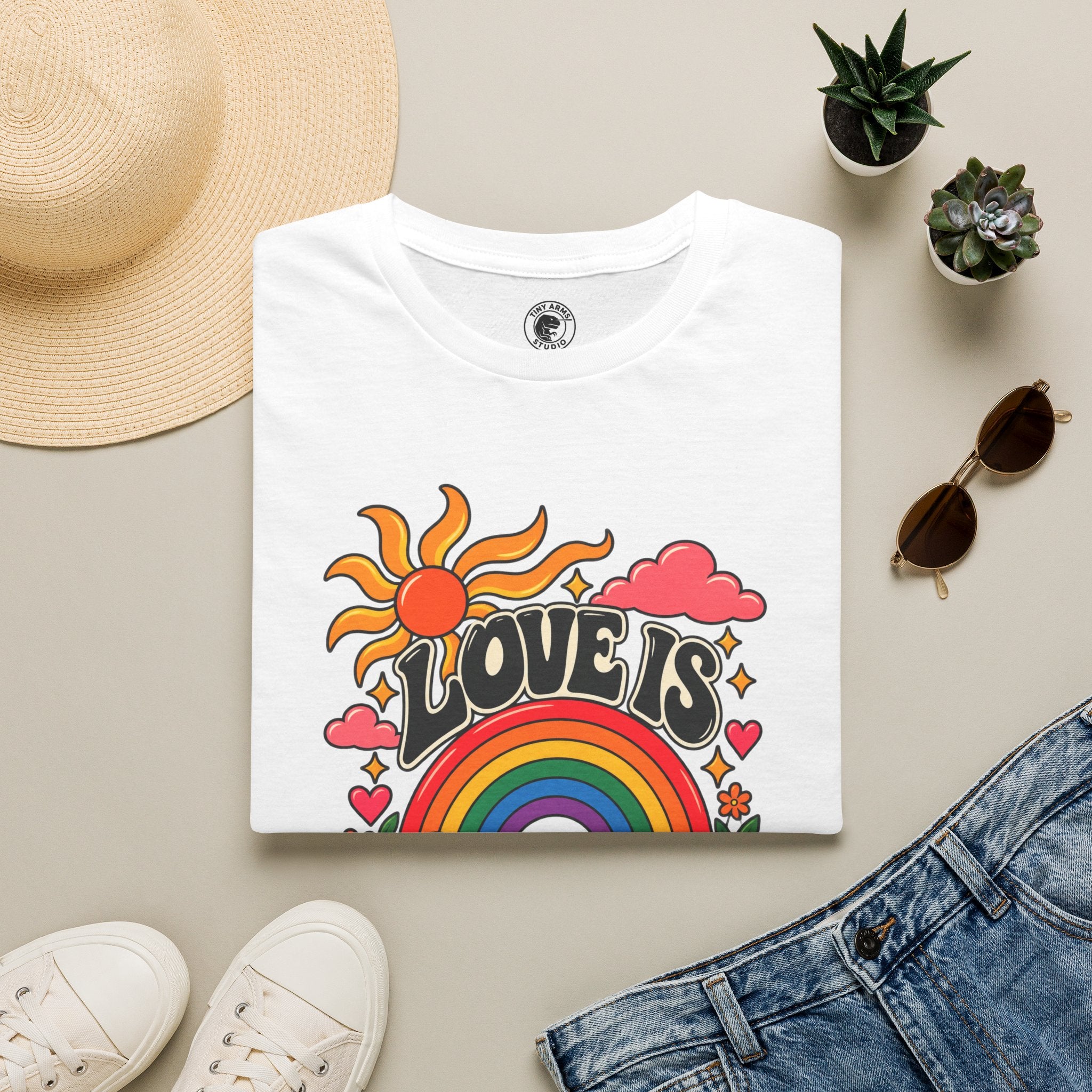 Love Is Love rainbow retro print T-Shirt | Pride, 70s sun design