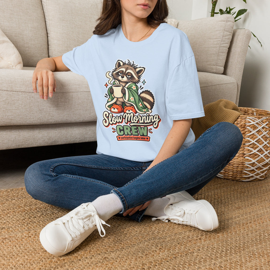 Cozy Raccoon with Coffee T-Shirt | Slow Morning Crew Design