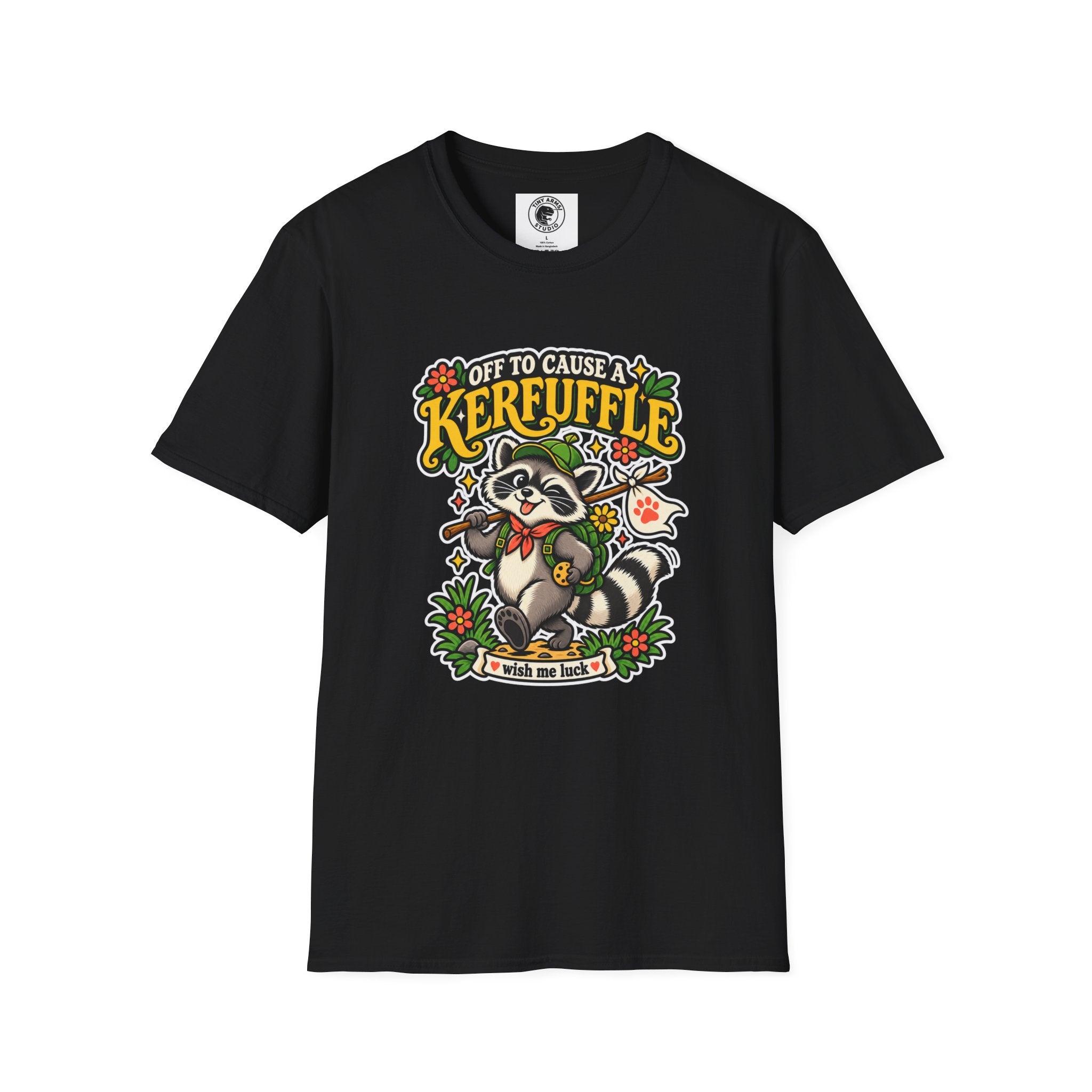 Off To Cause A Kerfuffle Raccoon T-Shirt | Cute Mischief Woodland Design
