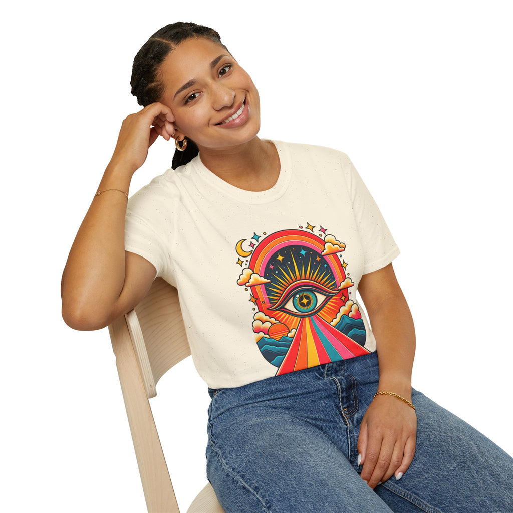 Psychedelic All-Seeing Eye T-Shirt | Rainbow Retro Sunburst