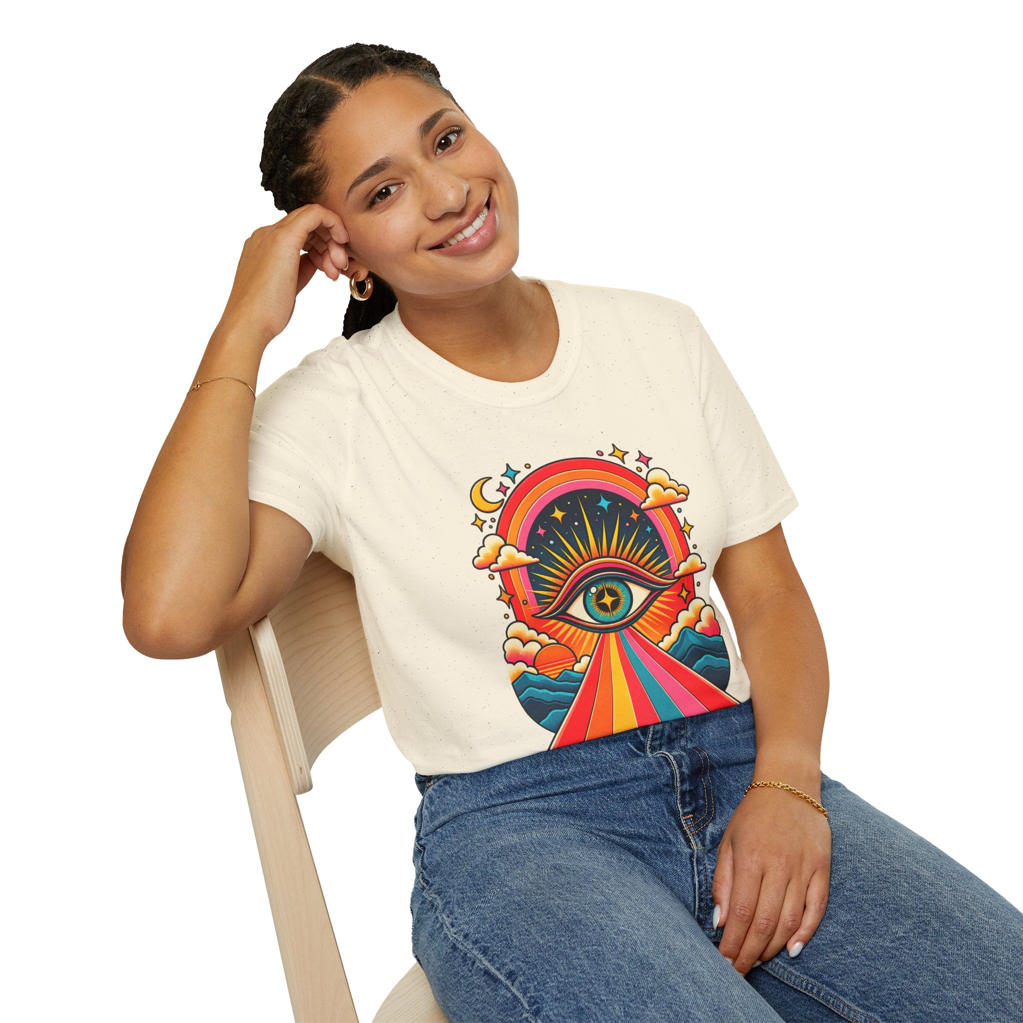 Psychedelic All-Seeing Eye T-Shirt | Rainbow Retro Sunburst