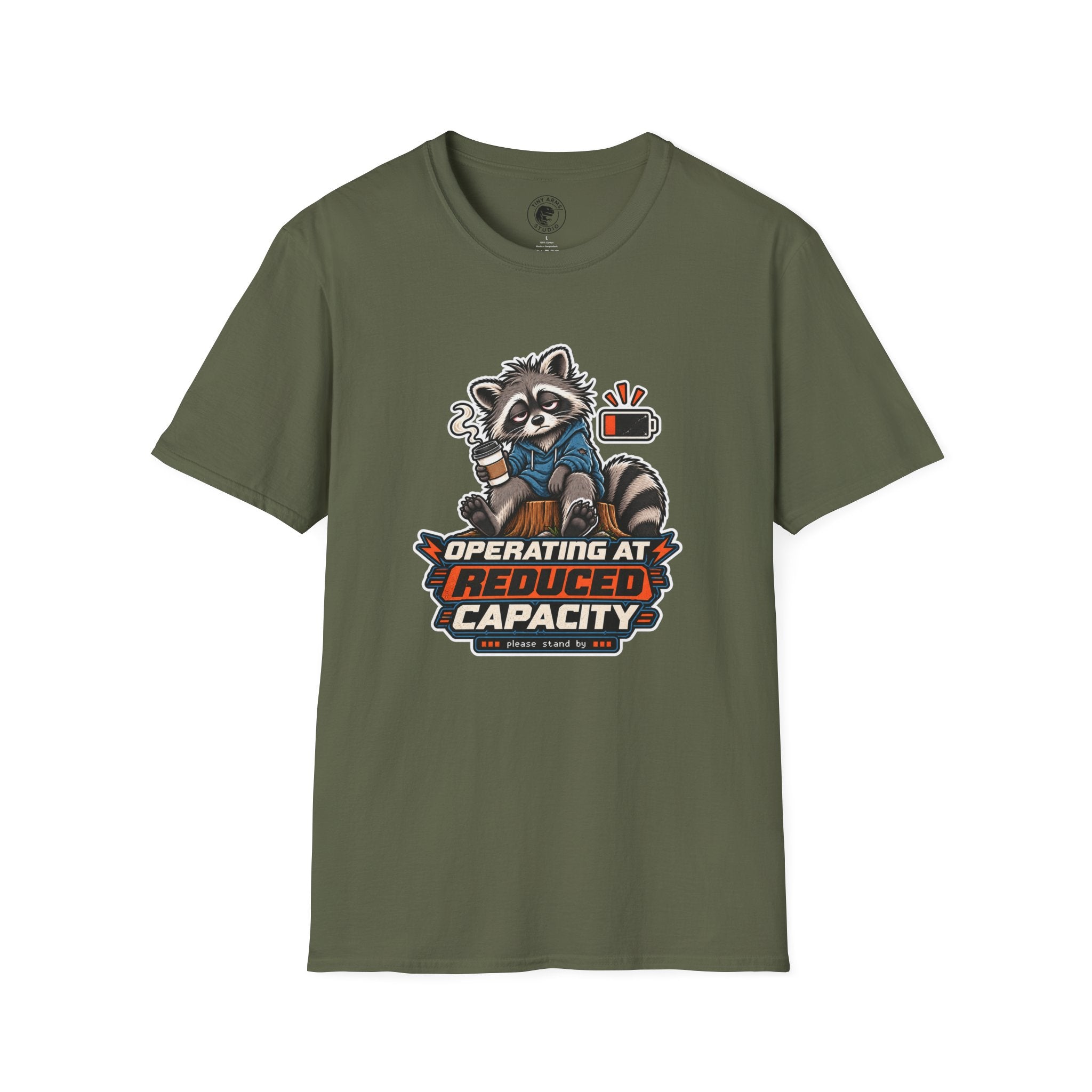 Funny Raccoon T-Shirt| Operating at Reduced Capacity| Low Battery Coffee Shirt
