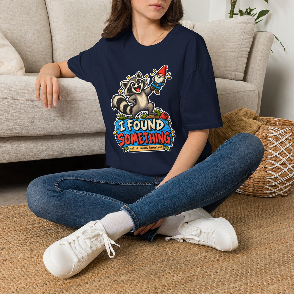 Playful Raccoon Holding Garden Gnome T-Shirt | I Found Something Graphic Tee