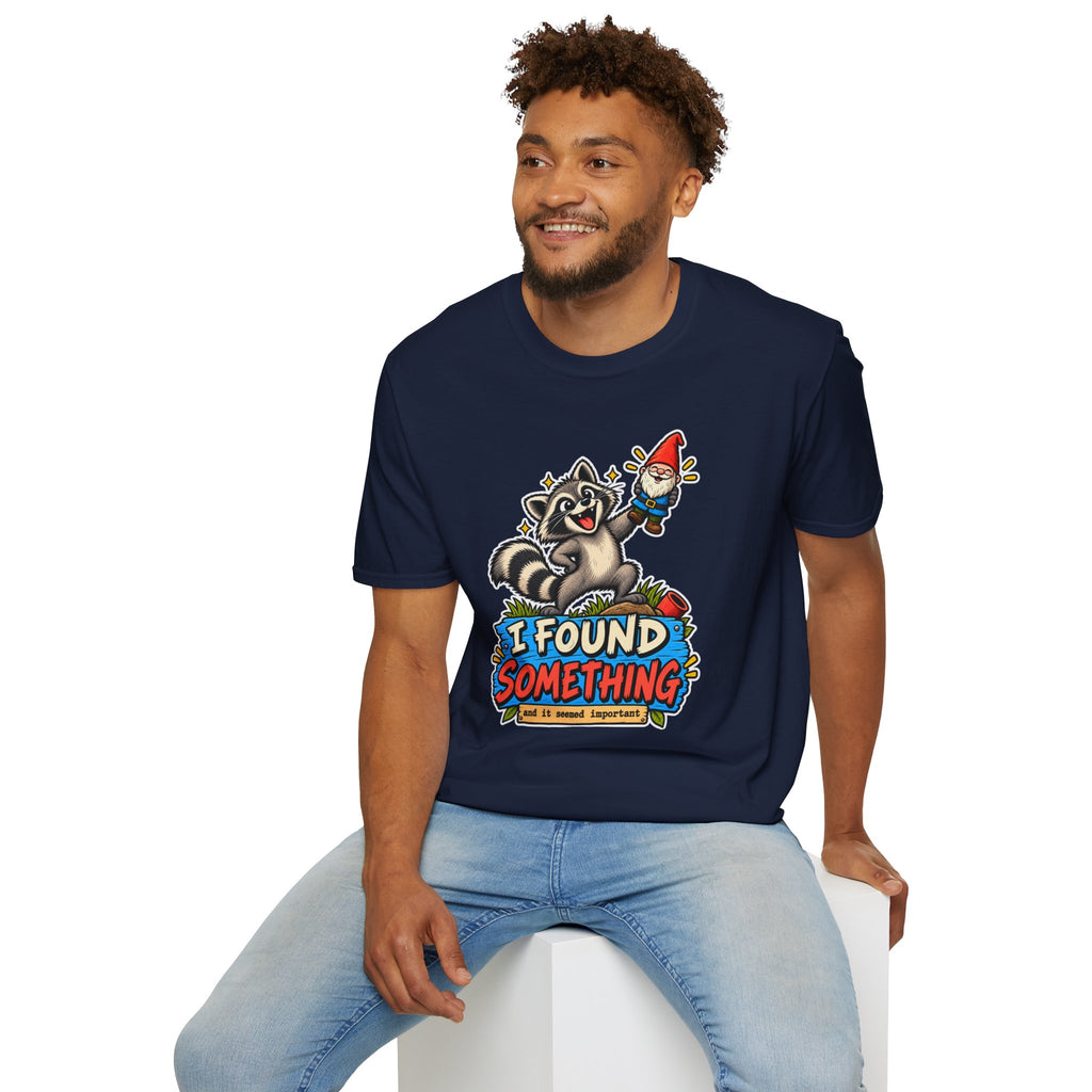 Playful Raccoon Holding Garden Gnome T-Shirt | I Found Something Graphic Tee