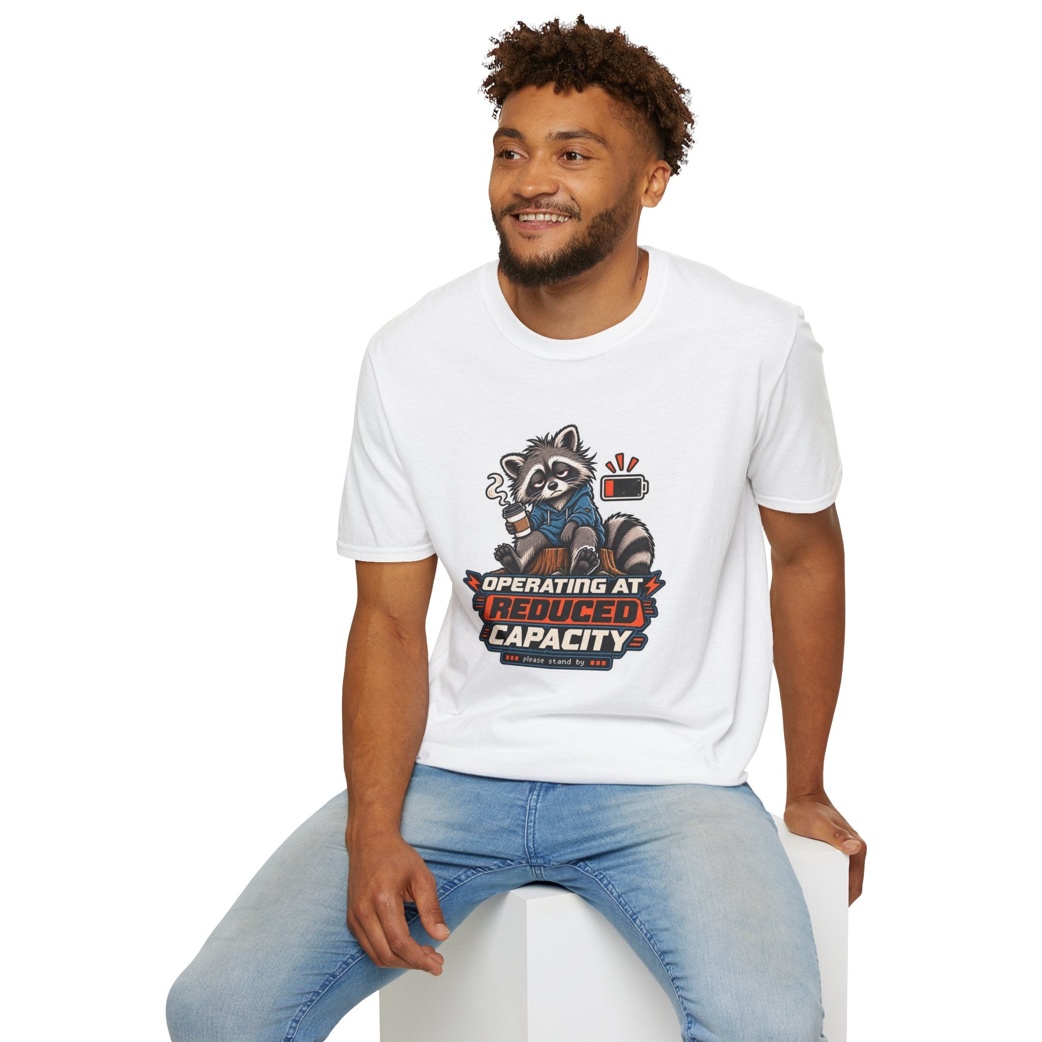 Funny Raccoon T-Shirt| Operating at Reduced Capacity| Low Battery Coffee Shirt
