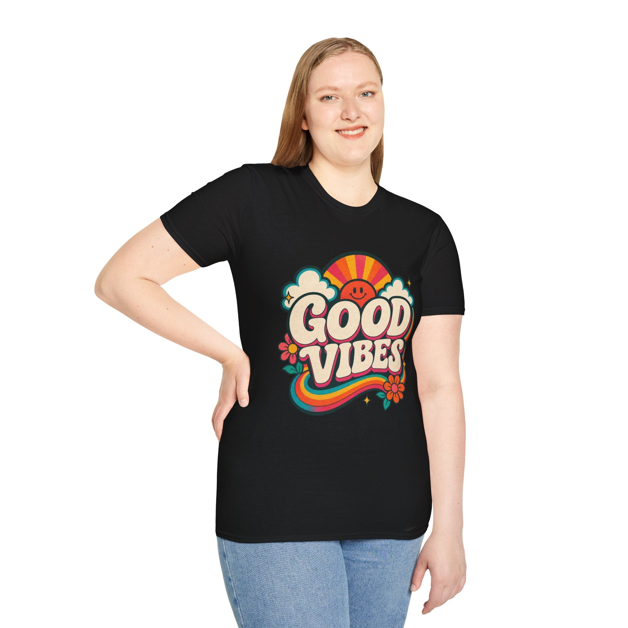 Good Vibes T-Shirt | Retro Rainbow Smiley Tee