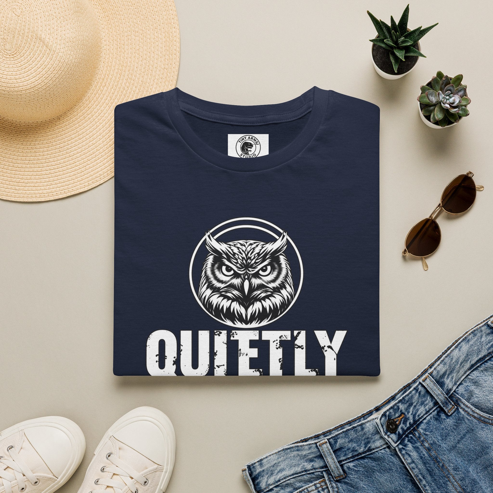 Quietly Making It Weird owl illustration T-Shirt | Vintage black line art