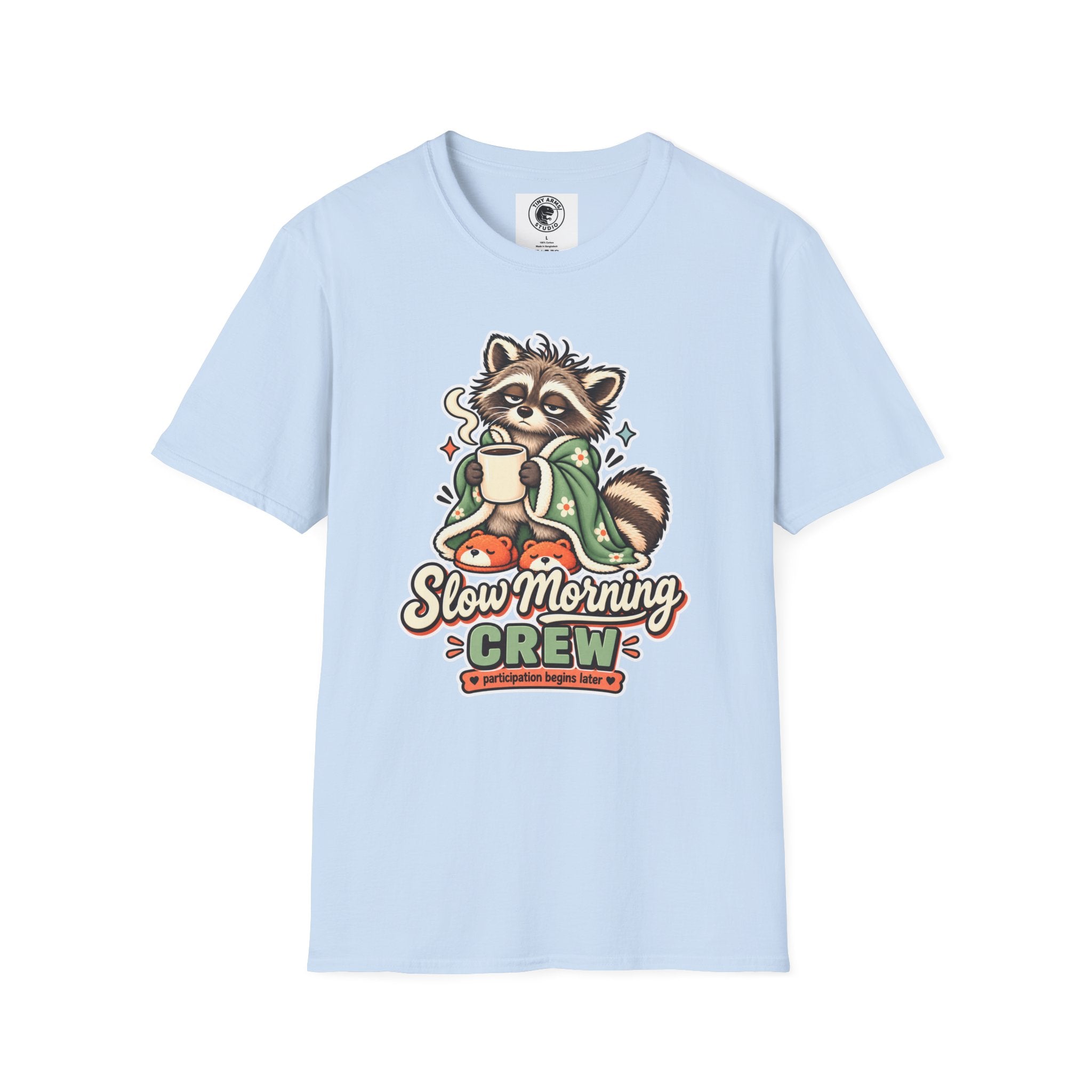 Cozy Raccoon with Coffee T-Shirt | Slow Morning Crew Design
