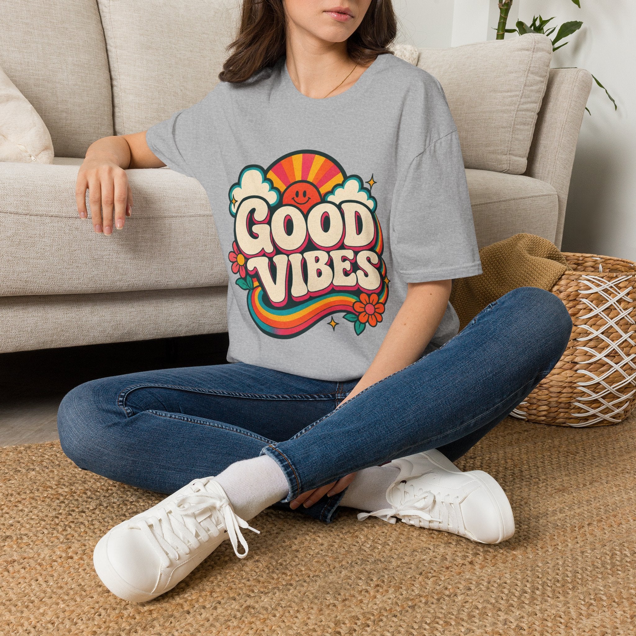 Good Vibes T-Shirt | Retro Rainbow Smiley Tee