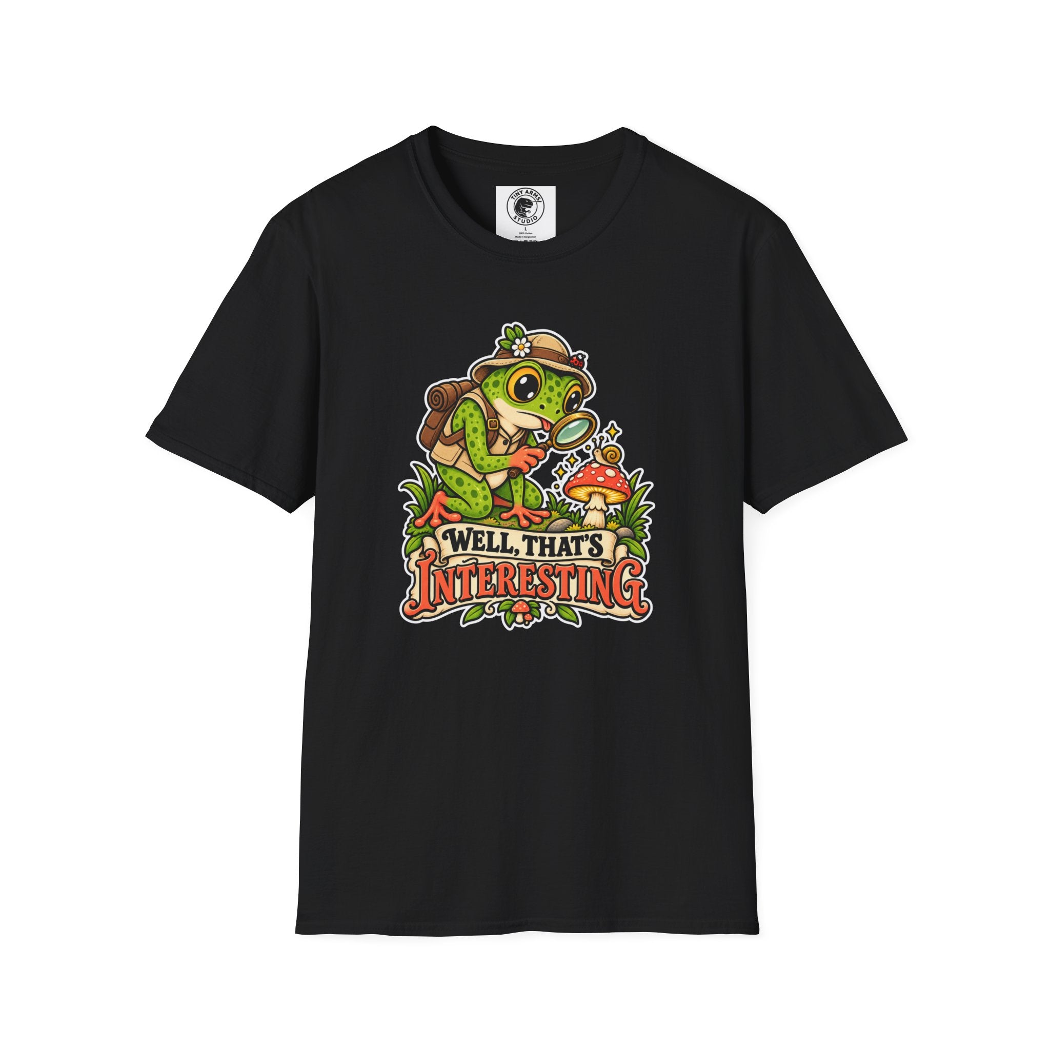 Curious Frog Explorer Magnifying Glass T-Shirt | Mushroom Nature Illustration