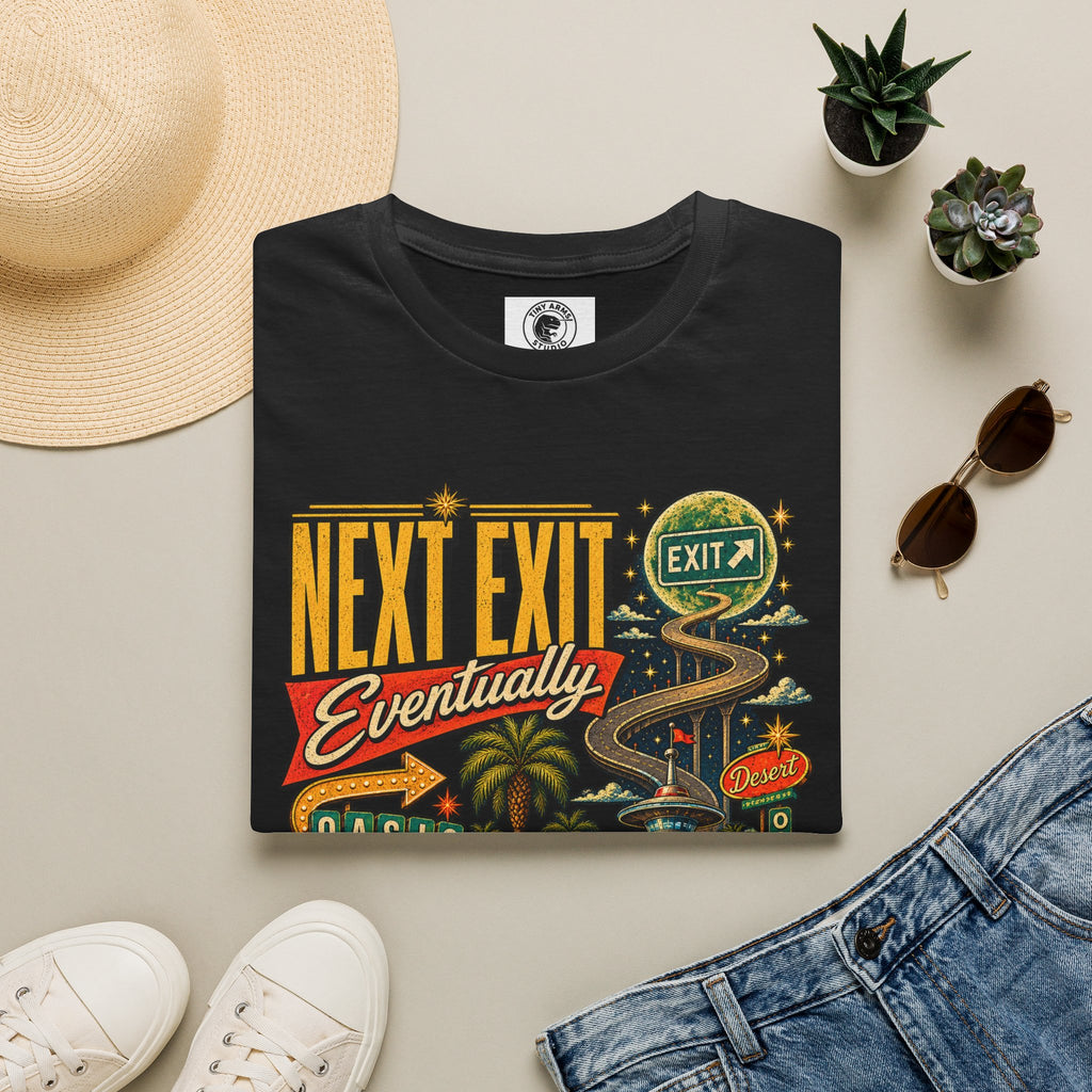 Next Exit Eventually Roadtrip Graphic T-Shirt | Retro Highway Illustration