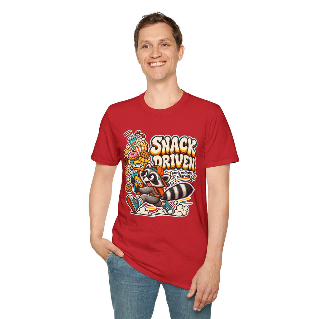 Snack Driven Raccoon Graphic T-Shirt | Snack Lover Cartoon Design