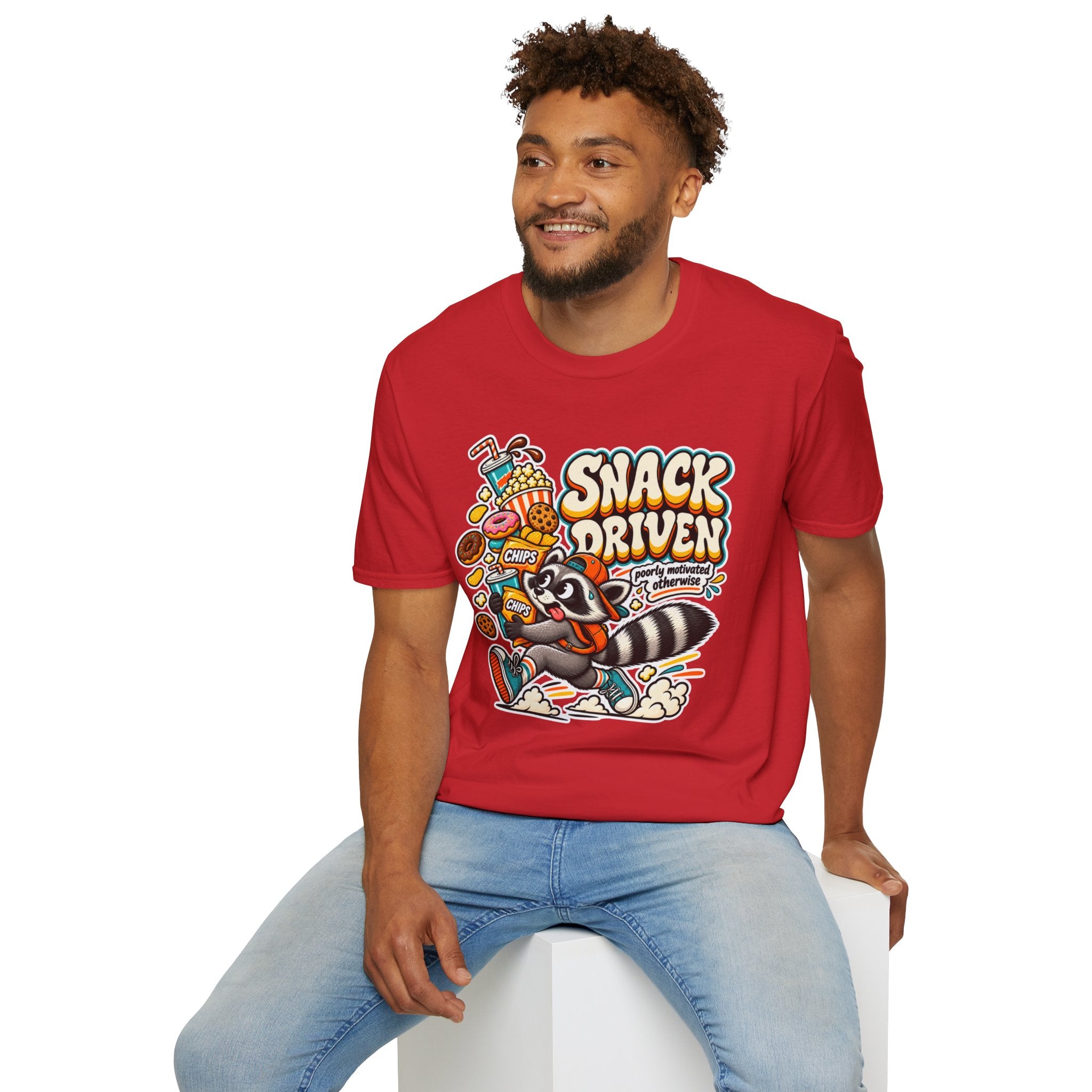 Snack Driven Raccoon Graphic T-Shirt | Snack Lover Cartoon Design