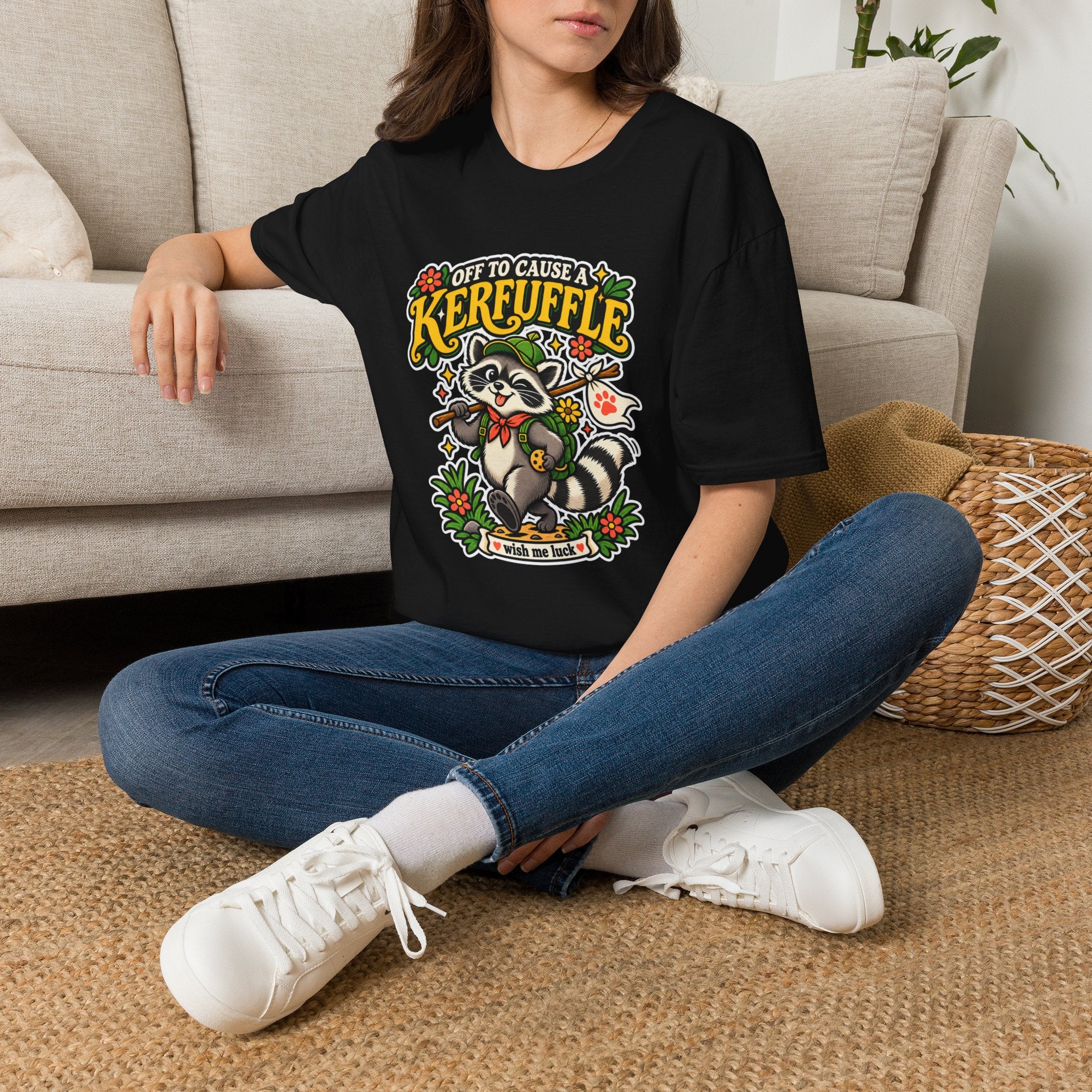Off To Cause A Kerfuffle Raccoon T-Shirt | Cute Mischief Woodland Design