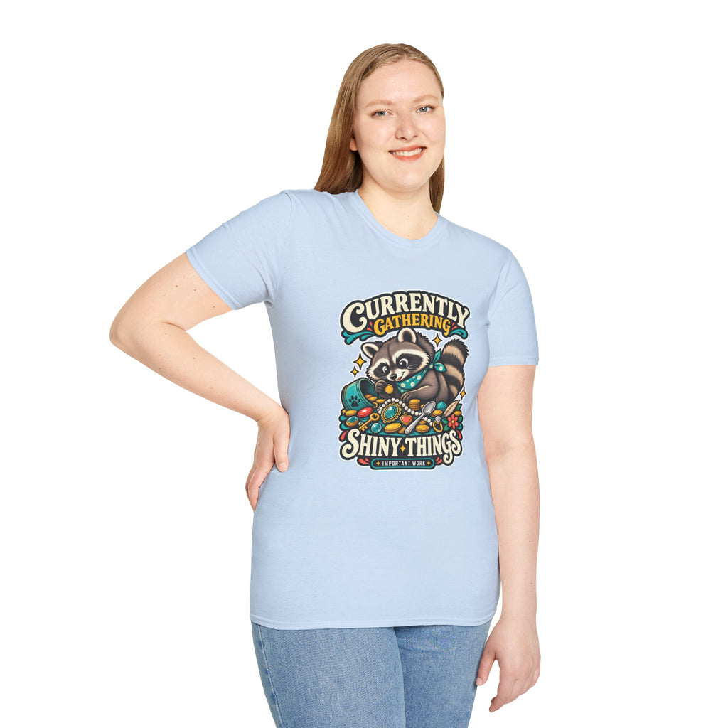 Currently Gathering Shiny Things Raccoon T-Shirt | Cute Forest Animal Tee
