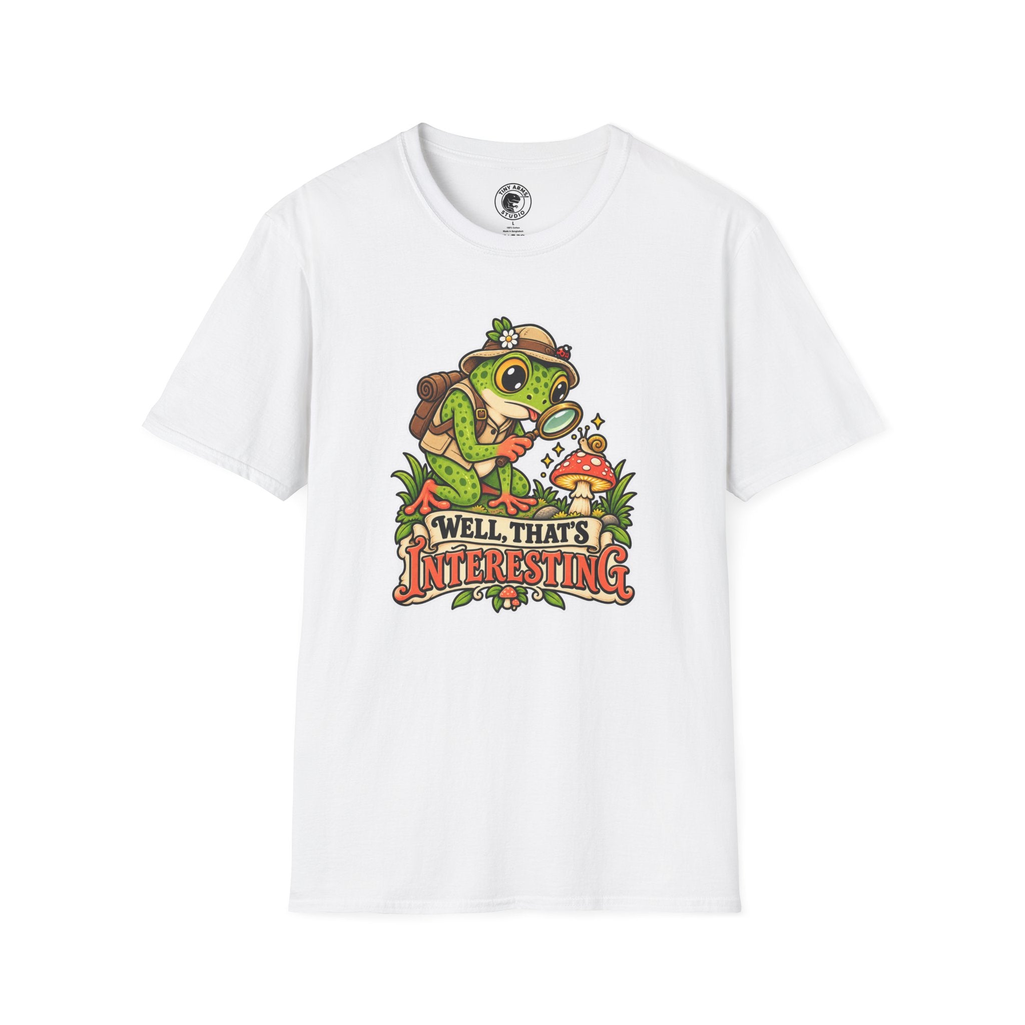 Curious Frog Explorer Magnifying Glass T-Shirt | Mushroom Nature Illustration