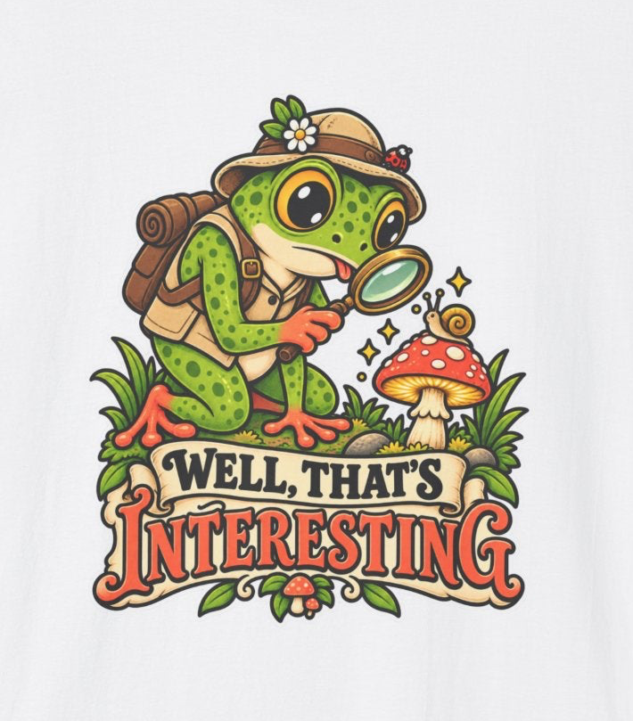 Curious Frog Explorer Magnifying Glass T-Shirt | Mushroom Nature Illustration