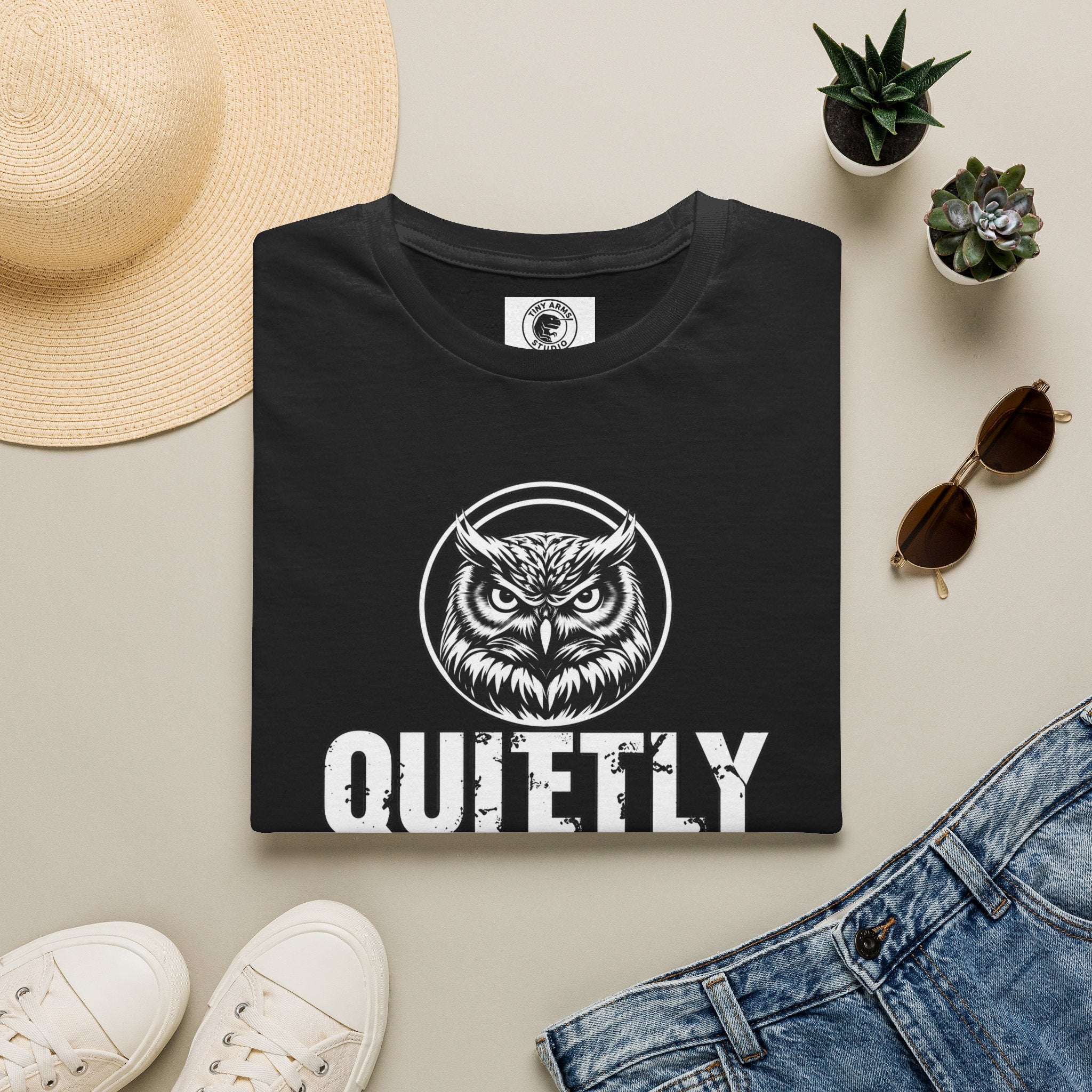 Quietly Making It Weird owl illustration T-Shirt | Vintage black line art