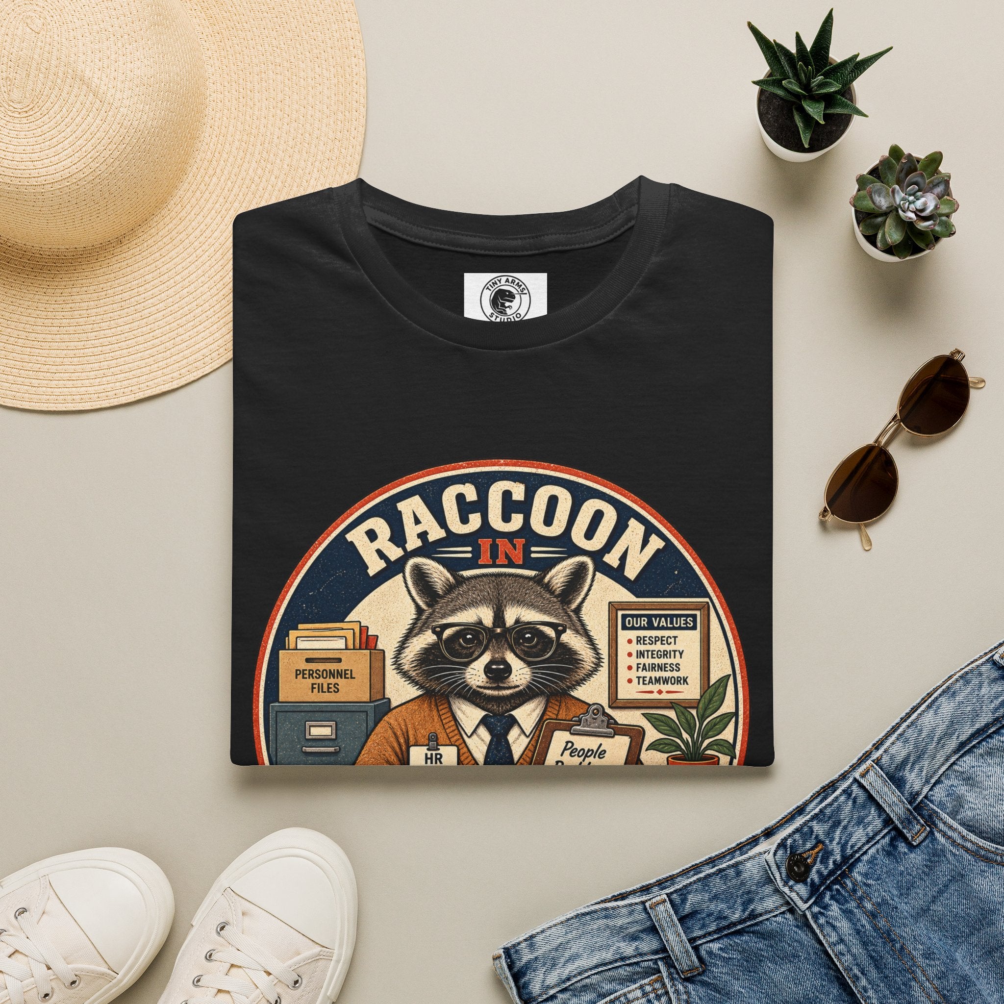 Raccoon in HR T-Shirt | Office Humor, Retro Animal Illustration