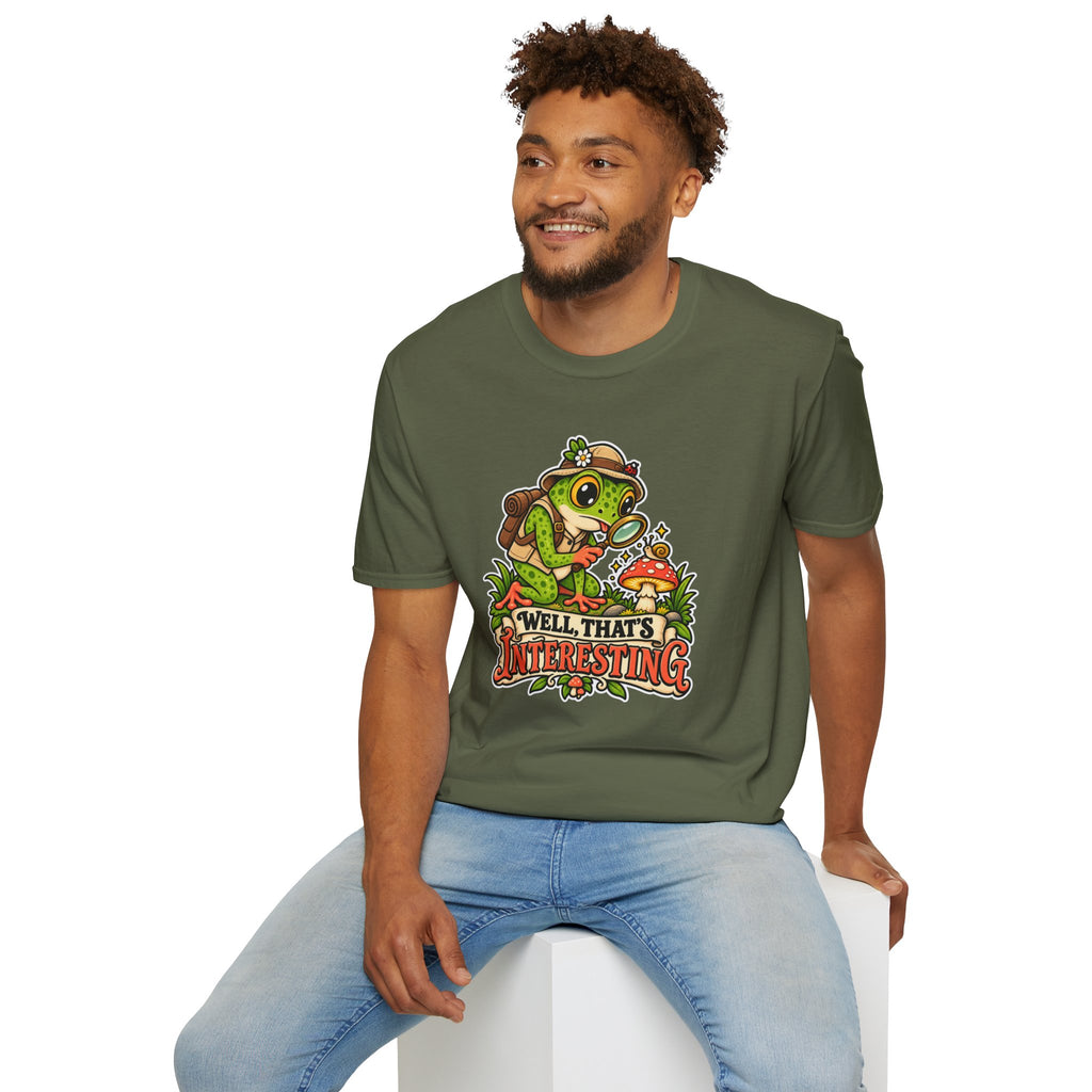 Curious Frog Explorer Magnifying Glass T-Shirt | Mushroom Nature Illustration