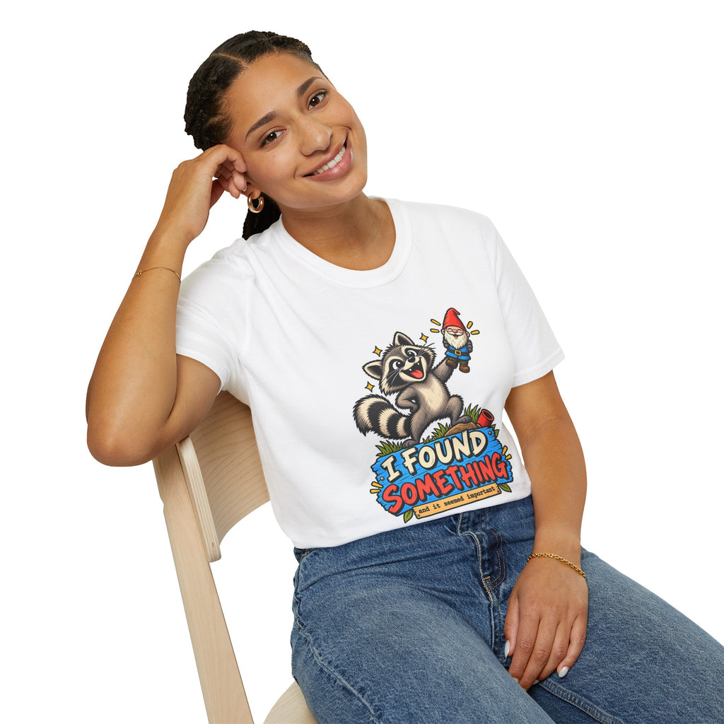 Playful Raccoon Holding Garden Gnome T-Shirt | I Found Something Graphic Tee