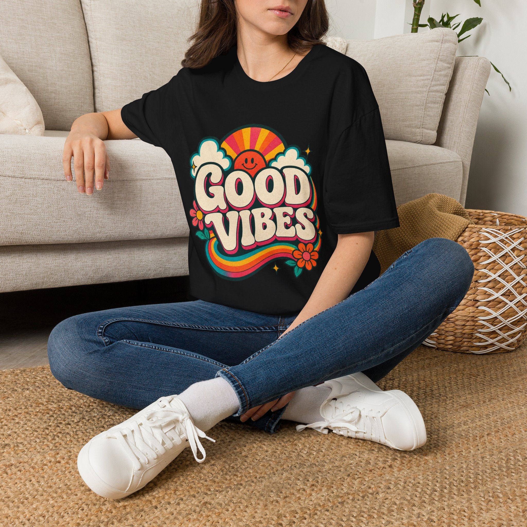 Good Vibes T-Shirt | Retro Rainbow Smiley Tee