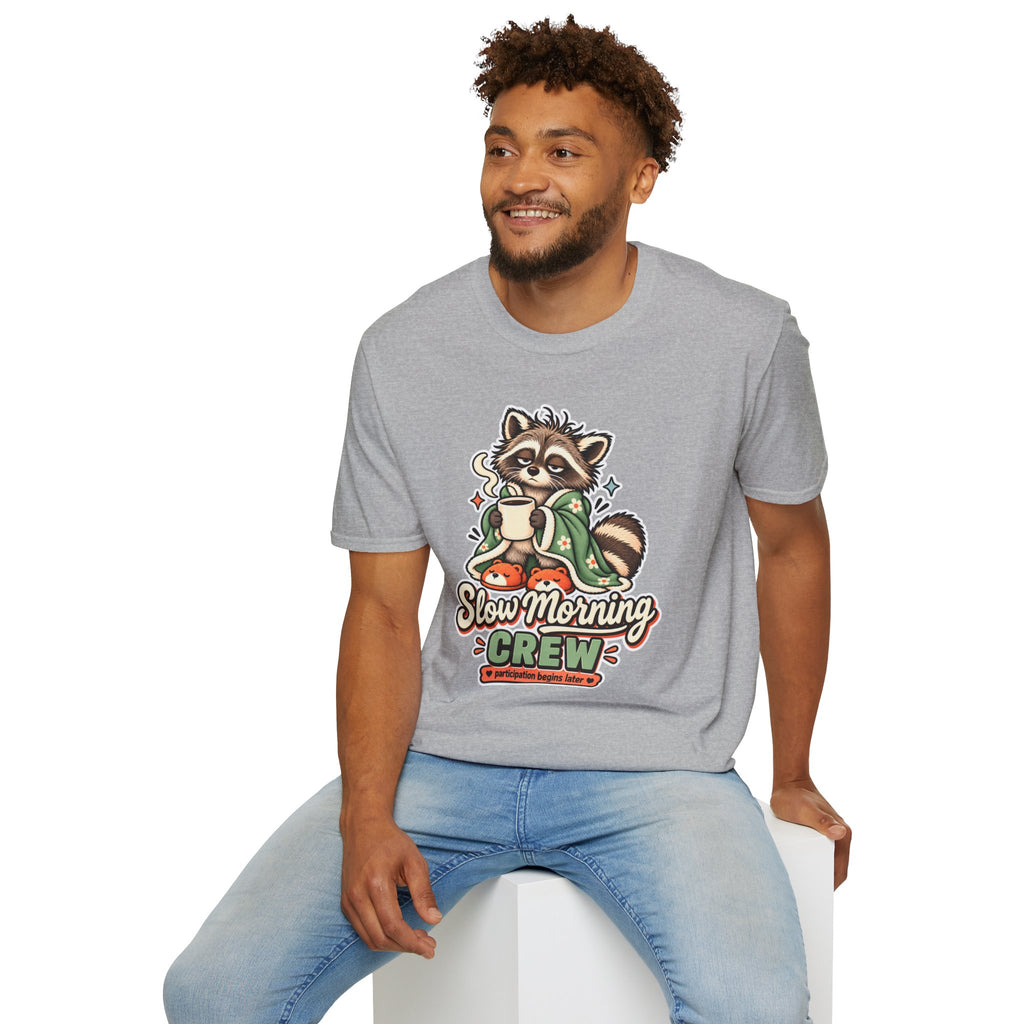 Cozy Raccoon with Coffee T-Shirt | Slow Morning Crew Design