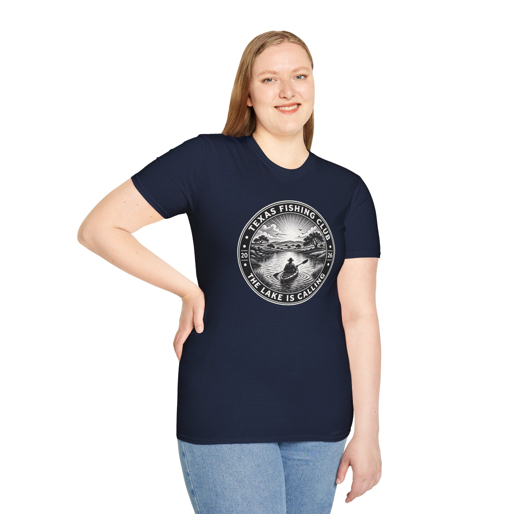 Texas Fishing Club lake scene T-Shirt | angler badge design