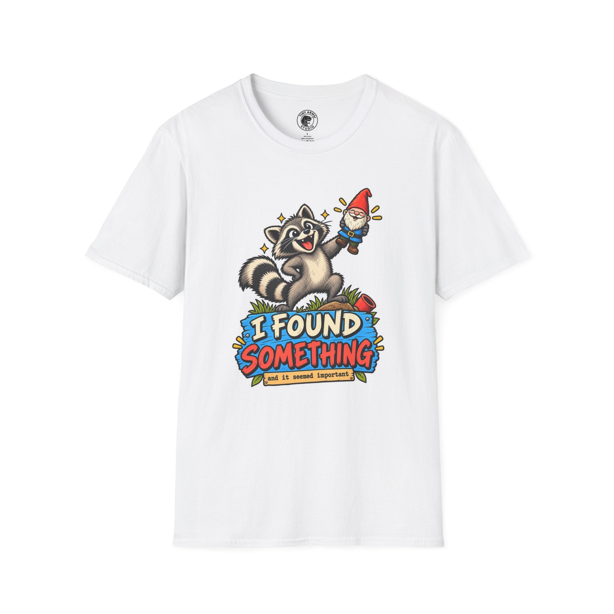 Playful Raccoon Holding Garden Gnome T-Shirt | I Found Something Graphic Tee