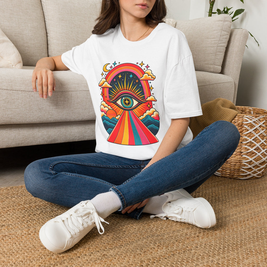 Psychedelic All-Seeing Eye T-Shirt | Rainbow Retro Sunburst