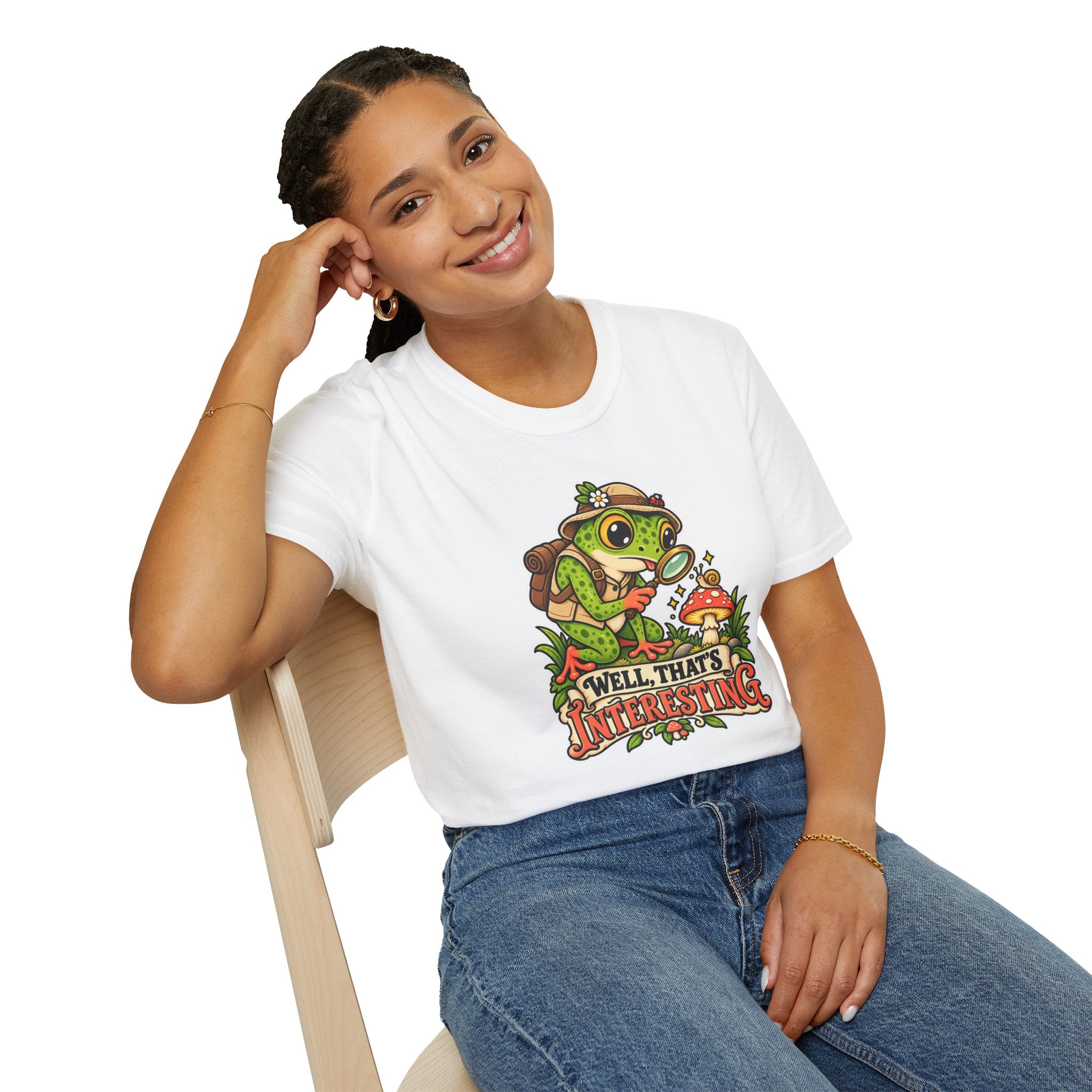 Curious Frog Explorer Magnifying Glass T-Shirt | Mushroom Nature Illustration